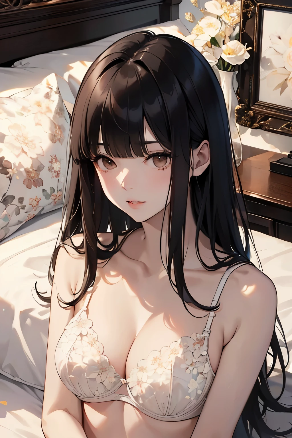 best quality, highres,Slender、Brown eyes、tall、Black Hair、(Bangs:1.3)、(semi-long:1.3),Straight Hair、Luxury Hotel、(White floral bra:1.4)、On the bed、Dark Room、night、Embarrassed、Chest pressed together