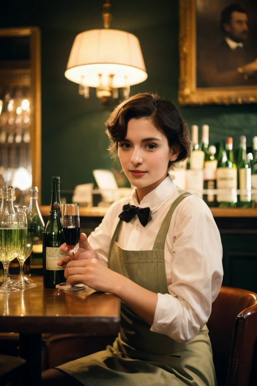 ((best quality)), ((masterpiece)), (detailed), a man sitting in a Parisian bistro, 1890 Belle Epoch style, 19th century clothes, waiter with an apron stands in the background, bottle of absinthe on the table, two glasses with green liquid, smoky atmosphere, gas-lamp lighting, cinematic, bokeh,