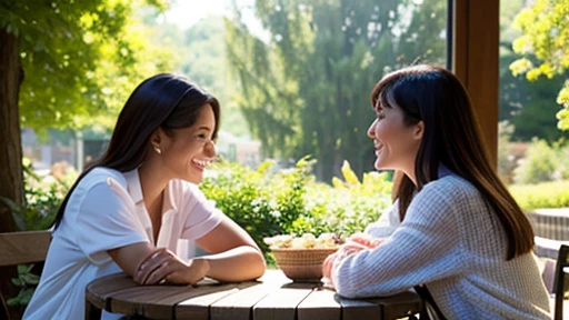 Three women are engrossed in a lively conversation, their bodies leaning towards each other as they share laughs and gesticulate animatedly. The sunlight filters through the trees, casting dappled shadows on their faces. Only one woman looks somewhat disengaged, her expression a hint of boredom as she leans back in her chair, folded arms resting on the table. The shot is loose, capturing the natural dynamics of their interaction, the relaxed atmosphere of their gathering. The background is softly blurred, the focus on the women and their animated exchange. The scene exudes a sense of warmth and connection. (high resolution, beautiful colors, natural lighting, engaged expressions, subtle body language, relaxed atmosphere, soft focus background