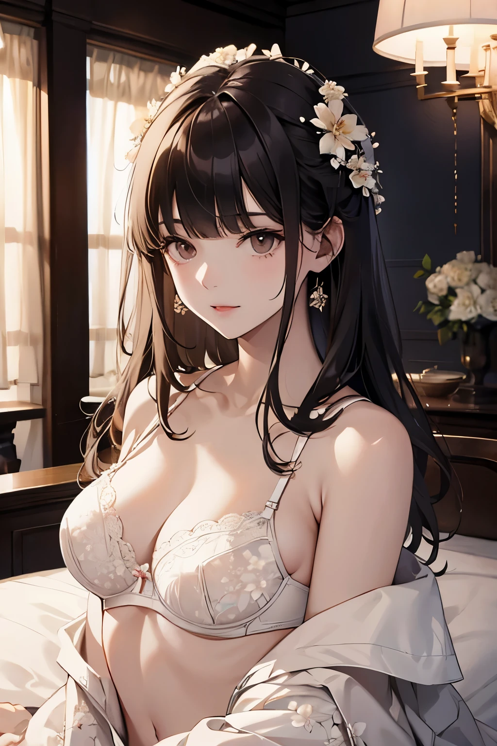 best quality, highres,Slender、Brown eyes、tall、Black Hair、(Bangs:1.3)、(semi-long:1.3),Straight Hair、Luxury Hotel、(White floral bra:1.4)、On the bed、Dark Room、night、Embarrassed、Chest pressed together、Large Breasts