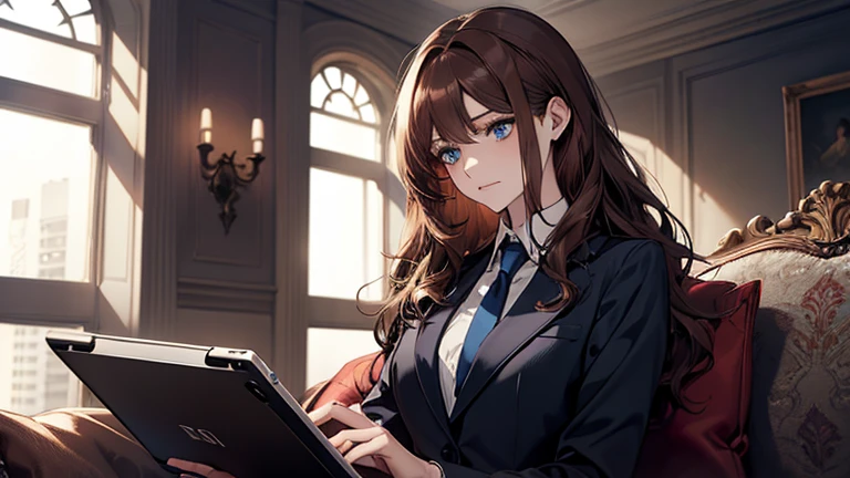 (Confused, High resolution, Very detailed), 1 female, Adult,beautiful, Bright Blue Eyes, brown hair, Wavy medium hair,suit,tie,secretary,Adult woman,30th generation,quiet,thin,pale,thin,suit,Touching a tablet on the sofa,
