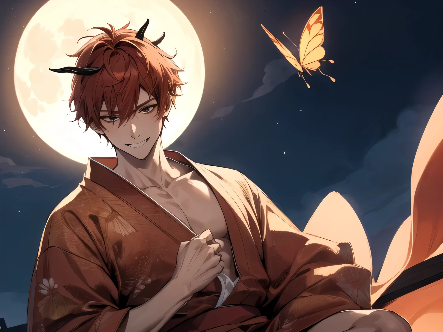 Dynamic Angle,masterpiece,male,one person,Upper Body, Face close-up,Short Red Hair, has horns on its head,((Canine)),Bright atmosphere, smile,Brown skin, Dressed in a kimono and barefoot,Light Butterfly,Night One Full Moon