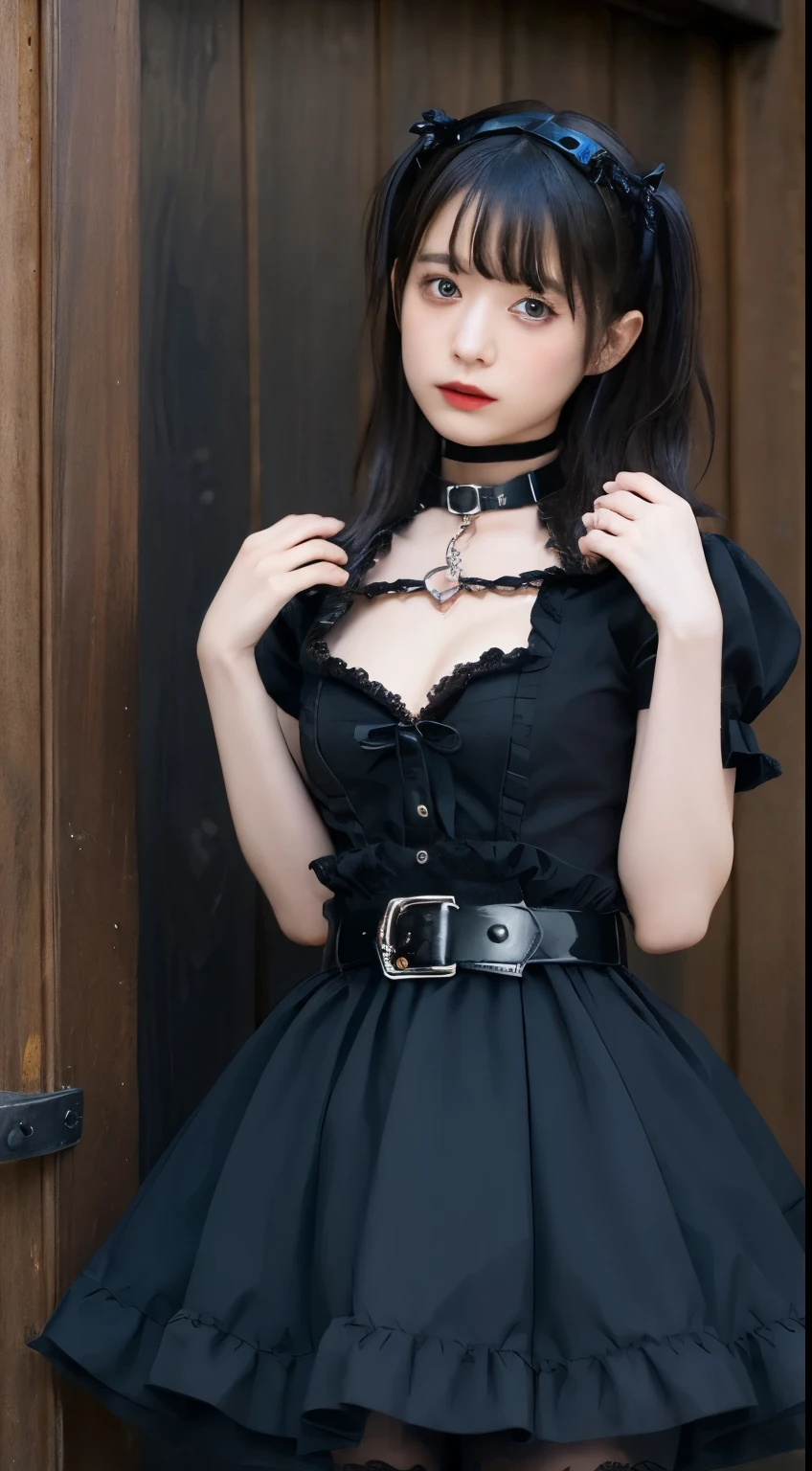 Seductive face、Looking into the distance、Gothic ta Outfit,((Wearing a pet collar on a belt)),slave