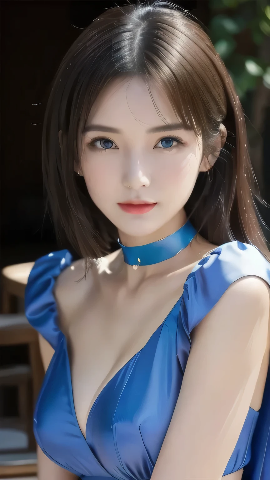 1 female々,white glossy skin, Age 25, A small, elegant face, Red lips, Parted lips, ( Hair parted to one side:1.5), blue eyes, smile, Elegant young woman, Shiny hair, choker,（Blue silk blouse :1.3)（Silver metallic silk pleated skirt :1.3), (Blue pumps:1.2),  Natural wavy hair, Slender figure, Tight waist, Beautiful Hands, Narrow shoulders, View here, Broadleaf forest in the daytime