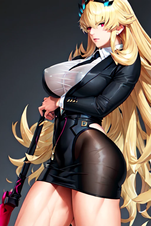 masterpiece,(best quality:1.5),(high resolution:1.5),8k,1woman,full body,perfectface,perfect body,(realistic:1.5),pale skin,(fighter:1.5),blonde long hair,cool face,heterochromia green and red eyes,(large breasts:1.3),(large ass:1.3),small nipples,stand,{Black business suit:1.40}, {tie:1.20}, {White shirt:1.10}, {Black short skirt:1.3},(FGO:1.3),(see through:1.3),sweat,looking at viewer,
