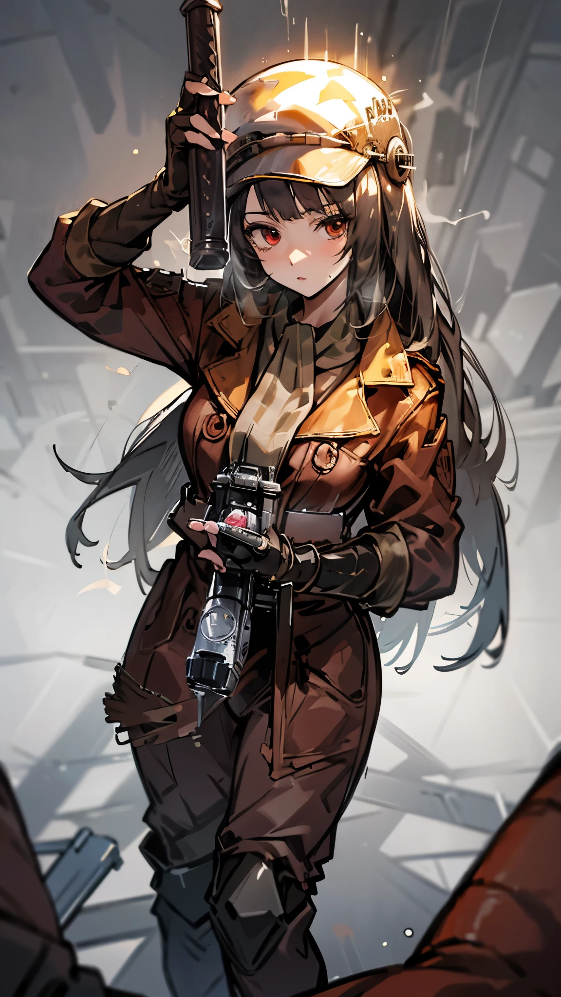 high quality, 4k, best detailed, 1girl, fallout, white long hair, red eyes, standing, piper outfit, white long hair