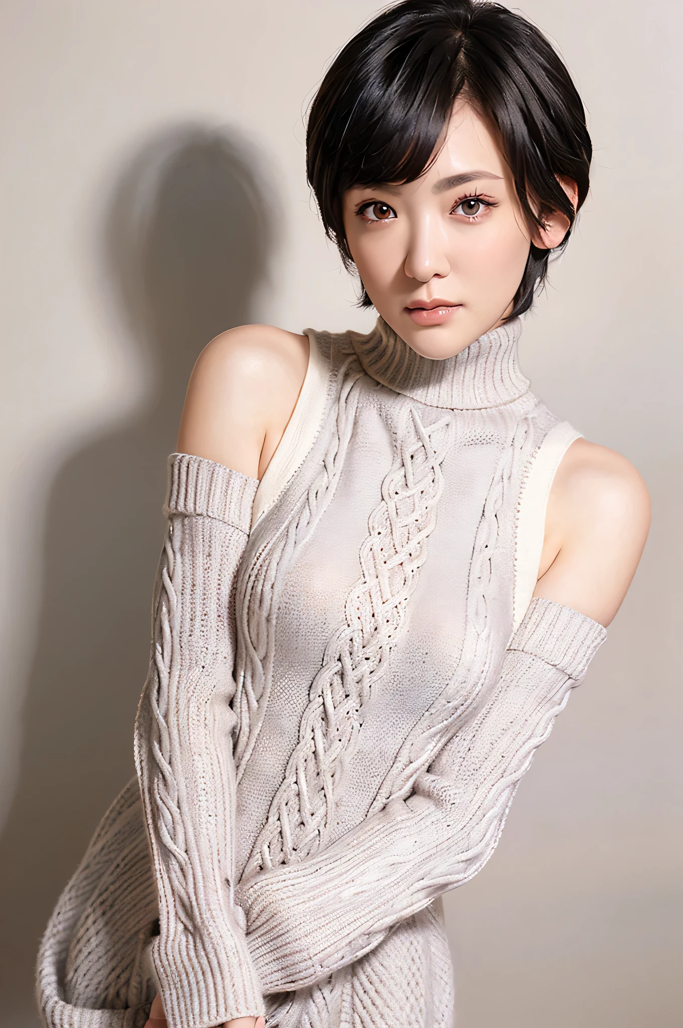 full body, (turtleneck cable knit oversized sweater dress:1.2), wool, 1girl,solo,
(8k, RAW photo, best quality, masterpiece:1.3),(realistic, photo-realistic:1.37),realistic skin texture,(photorealistic:1.3),(hyperrealistic:1.2), (short hair:1.4) , leaning forward, (white colored clothes), (detached sleeves:1.2), (narrow shoulders:1.7)