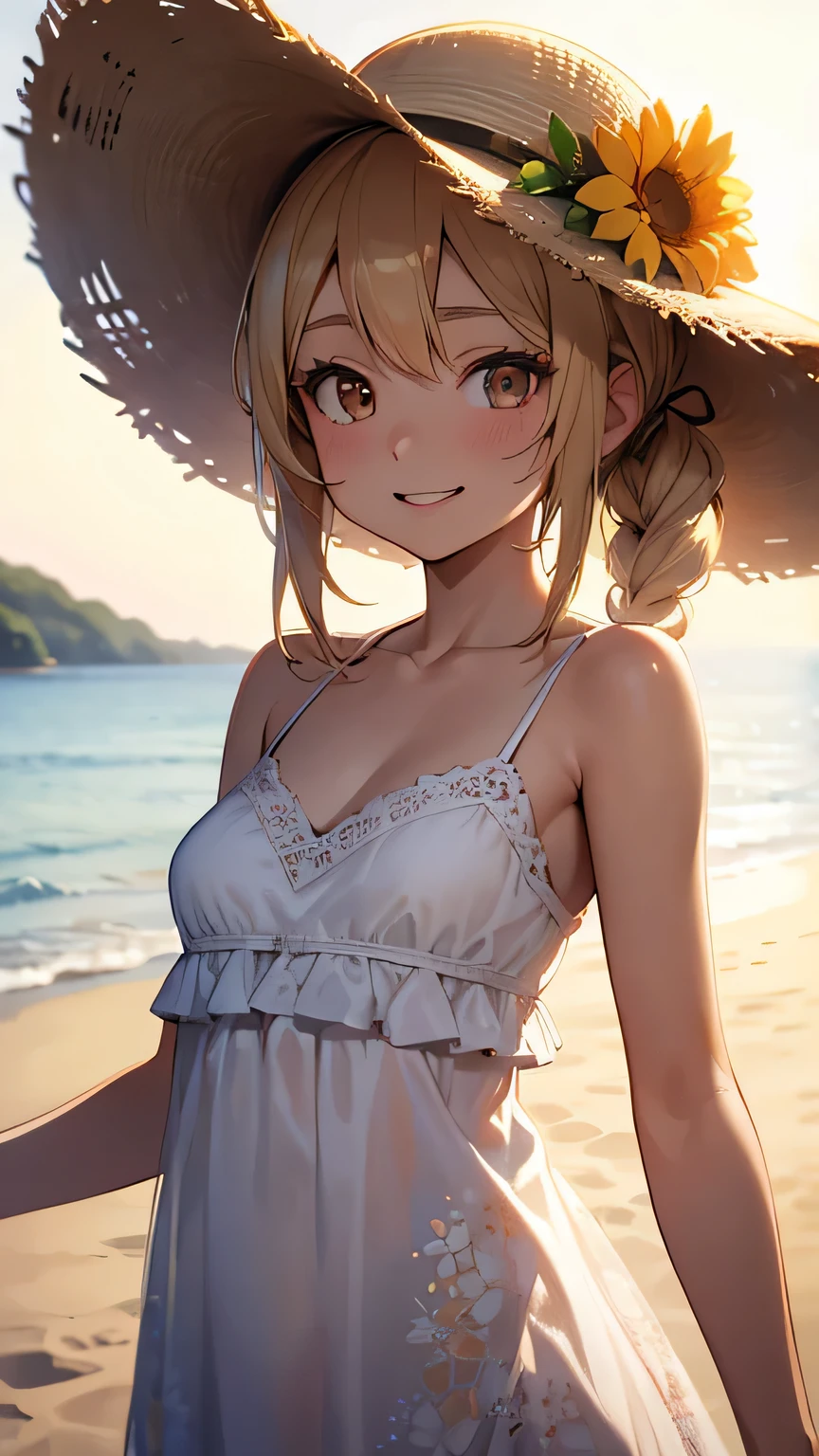 (Best quality, dynamic lighting, highly detailed, HDR) blonde haired young woman, twintails, cute, pretty, beautiful, brown eyes, skinny, , short, small breasts, white bikini, summer hat, bare shoulder, cleavage, leaning forward, downblouse, smiling, beach background.