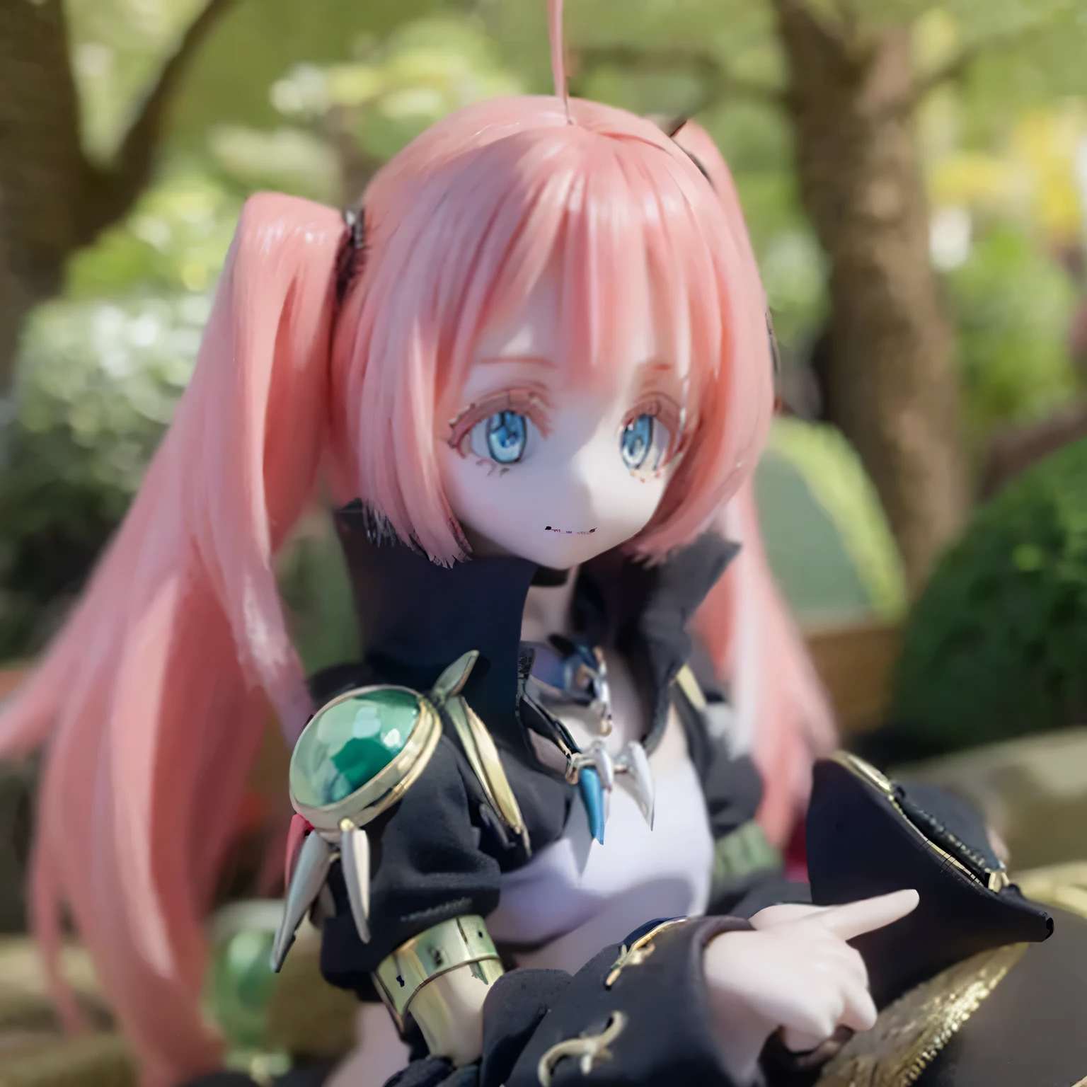 best quality,highres,ultra-detailed,realistic,portrait,anime,colorful,soft lighting,magic effects,slime girl,beautiful blue eyes,long blue hair,playful smile,sparkling personality,simple clothing,cute pose,fantasy world,vibrant colors,magical aura,surrounded by particles,floating bubbles,dynamic composition,natural background,expressive face,serene expression,watercolor texture,wisps of hair,shimmering scales,detailed accessories,adorable character,sparkling personality,exploring the forest,pure innocence,enchanted atmosphere,peaceful ambiance,gentle breeze,creating ripples on the water,emerald green leaves,ray of sunlight filtering through the canopy,dappled light and shadow,mysterious woods,wonder and curiosity.Milim from That Time I Got Reincarnated as a Slime