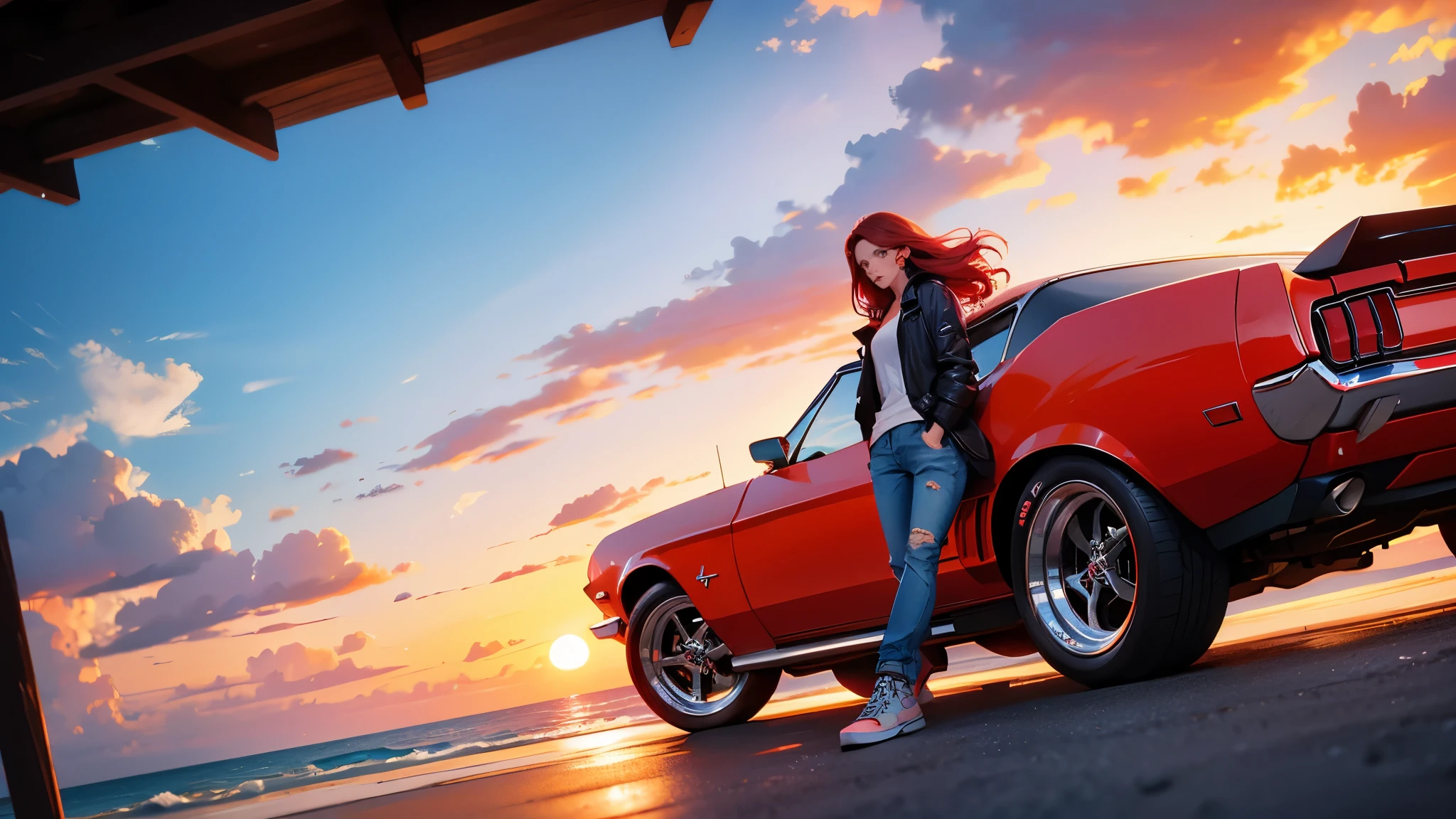 a red-haired woman in casual clothes stands next to her 1969 Mustang in a beach setting in the background with a sunset, image inspired by synthwave style, highly detailed and intricate details, pastel colors, image with a cinematic style, vector style traits