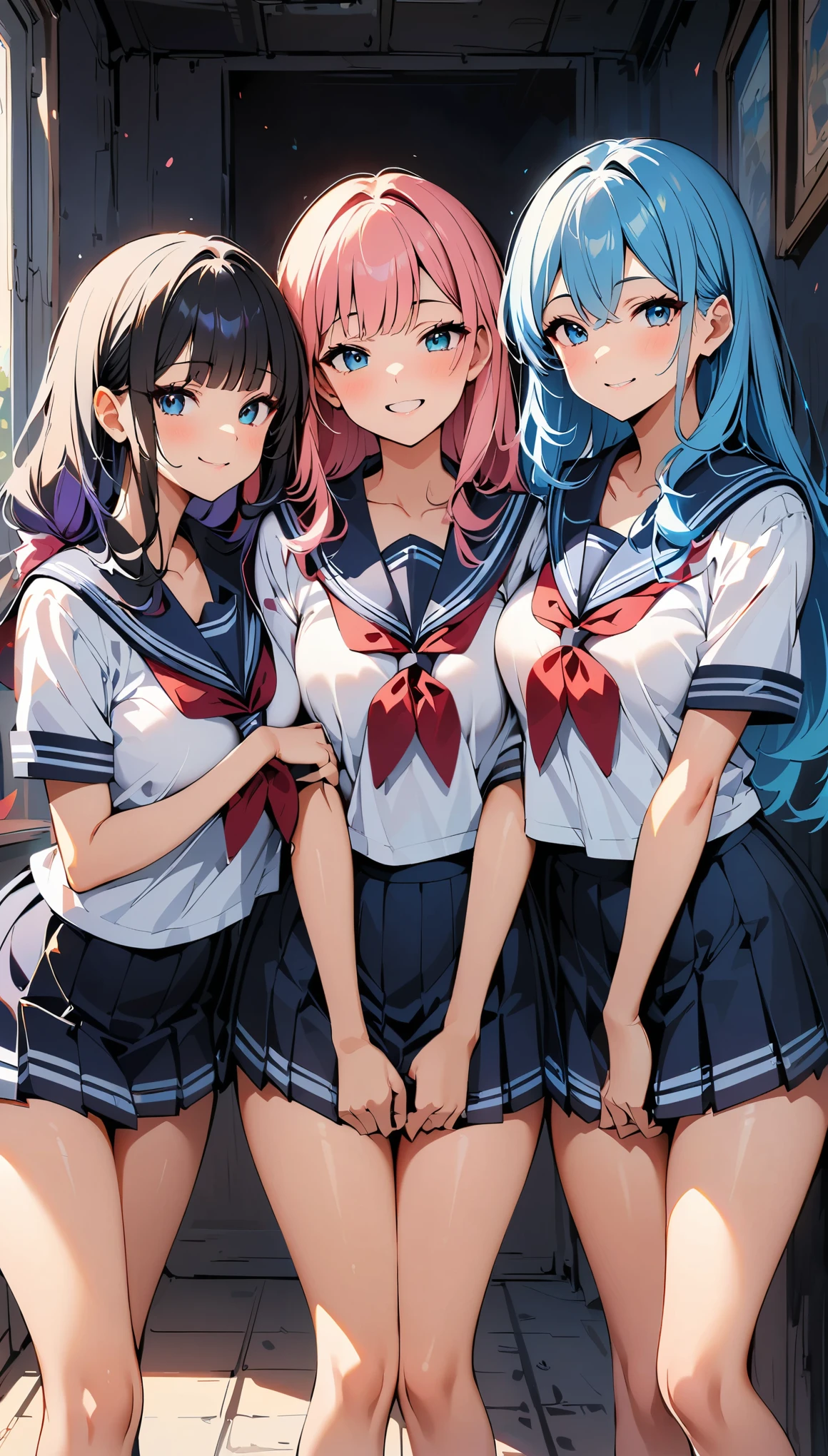 ((masterpiece, highest quality, High resolution, 超High resolution, Perfect Pixel, Depth of written boundary, 4K, RTTX 10.0, High resolution))), (Five adult women:1.3), Beautiful Anime Woman, Beautiful art style, Anime characters, ((Long Hair, bangs, Dark brown hair, Various hairstyles)), ((Beautiful eyelashes)), ((Detailed face, blush:1.2)), ((Smooth texture, Realistic texture, Anime CG Style)), Perfect body, Slender body, Exact finger count、Exact number of legs、Exact number of arms, (blush:1), (The five women are standing side by side, lifting their skirts to greet the crowd.:1.2), ((Fashionable white shirt, Sailor collar, mini skirt, Knee-high socks, loafers: 1.2)), (Lift up your skirt yourself:1.1), Realistic, (Slender body:1.1), highest quality, High resolution, Very detailed face, Perfect lighting, Extremely detailed CG, (Perfect hands, Perfect Anatomy), Embarrassed expression, (School classroom, Blackboard background:1.3), Morning sun-like lighting, whole body, ((Stylish and sexy shiny satin panties, Stylish lace side-tie panties, White panties, Pink Panties, Light blue panties:1.2)), Angle from the front、(Beautiful and thin thighs:1.1),NSFW,masterpiece