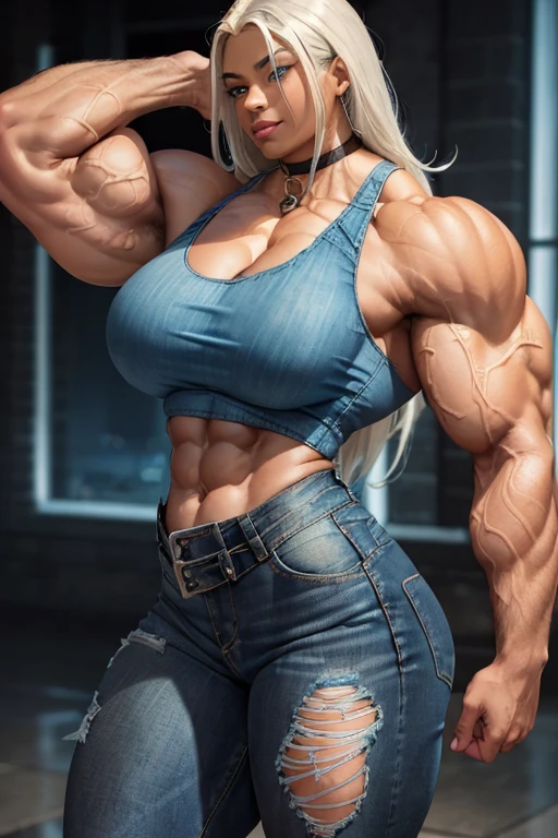 (((((Massive tall, beautiful, buff, brown skinned muscular goddess woman with white hair, glowing blue eyes, ginormous bulky muscles and wearing a denim jacket, tight tank top with black tights and denim skirt))))), close view, massive muscles, (massive muscle arms), (long straight hair), glowing blue eyes, choker, (long fingerless gloves), black boots, (in the Construction site), confident smile, night,