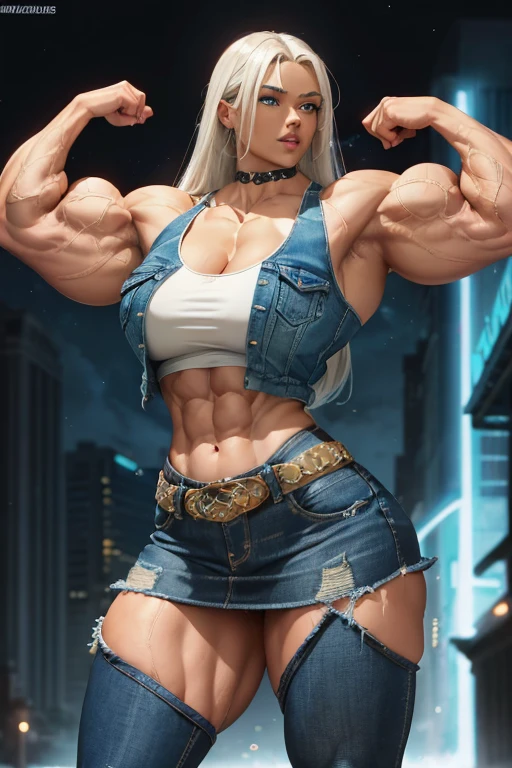 (((((Massive tall, beautiful, buff, brown skinned muscular goddess woman with white hair, glowing blue eyes, ginormous bulky muscles and wearing a denim jacket, tight tank top with black tights and denim skirt))))), close view, massive muscles, (massive muscle arms), (long straight hair), glowing blue eyes, choker, (long fingerless gloves), black boots, (in the Construction site), confident smile, night,