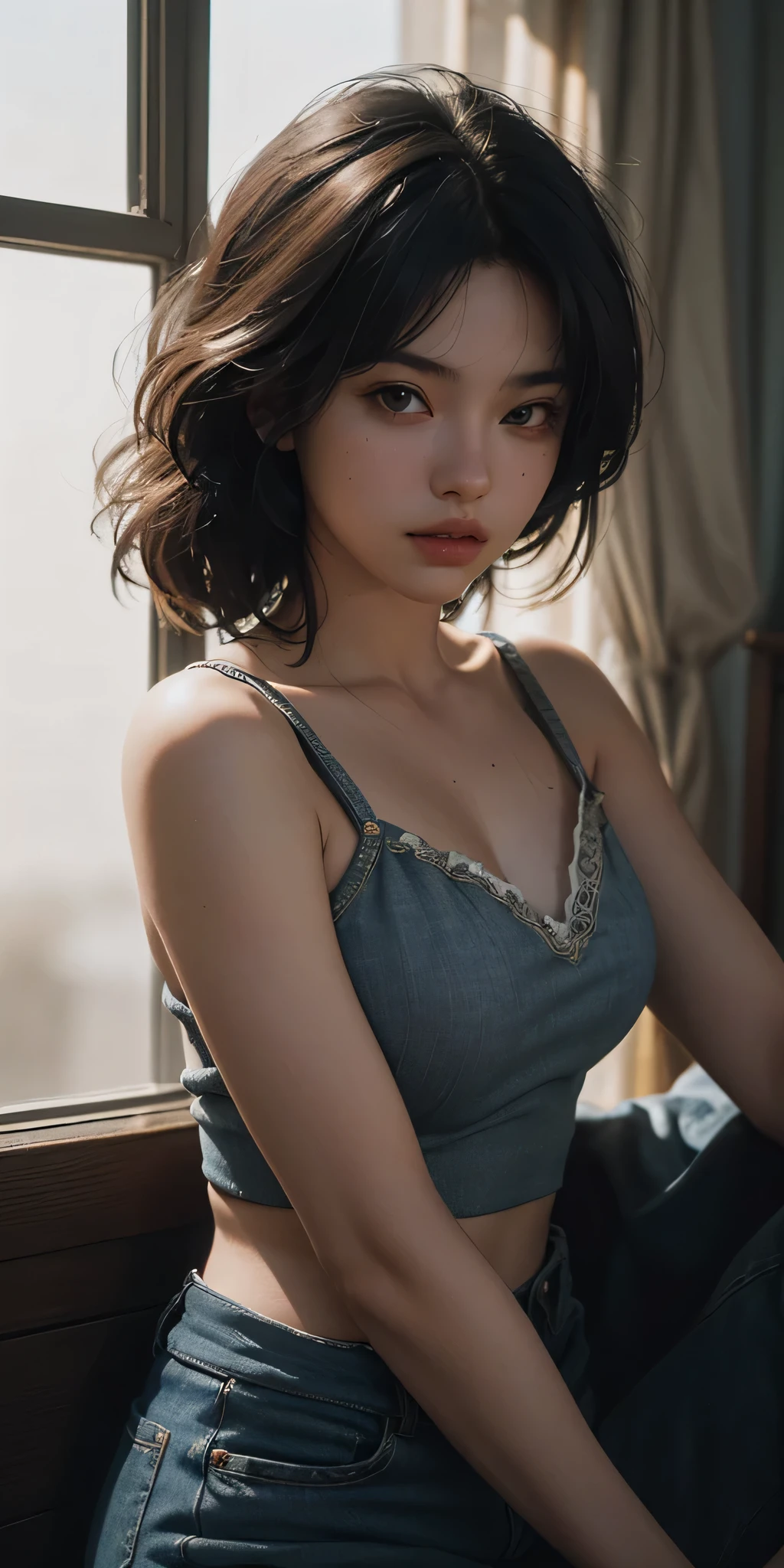(RAW photo, 4k, masterpiece, high res, extremely intricate) (photorealistic:1.4), cinematic lighting
1girl, solo focus, summer noon, hot, 1990s \(style\),cowboy shot, indoors, photo real, realistic,