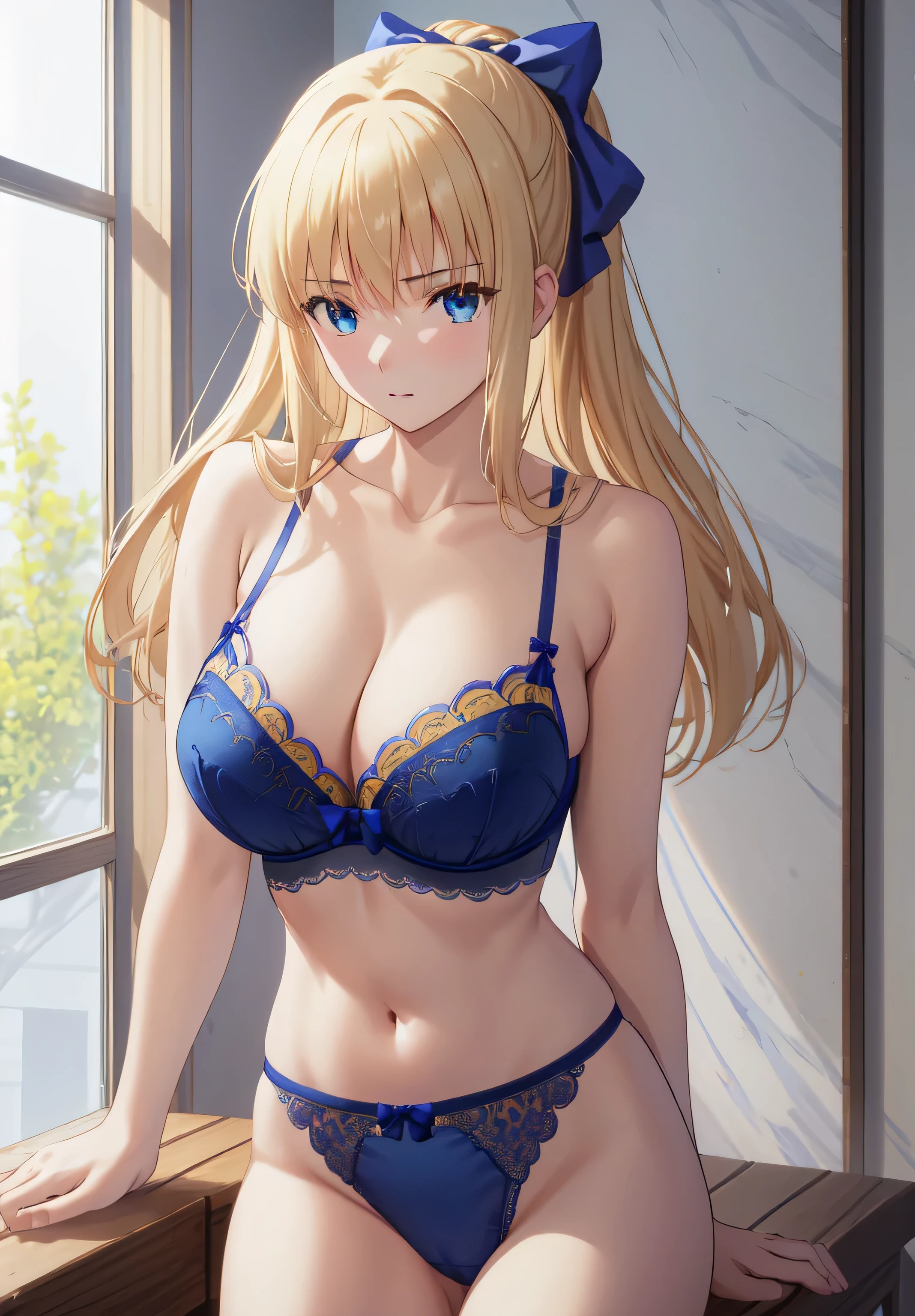 masterpiece、highest quality、High resolution、Anime Women、solo、blue bow、Blue bra、Blue Panties、Big Breasts、cleavage、woman with very large breasts、collarbone、Hair Bun、bra with an blue、panty with an blue、Upper Body、blue bra with a yellow lace trim and blue panty with a yellow bow、Cowboy Shot、looking at viewer、Are standing、