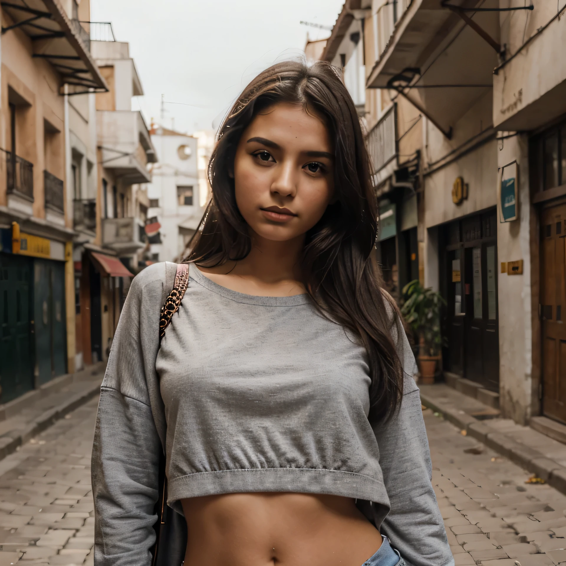 Mujer joven, modelo, indumentaria femenina, fondo ciudad