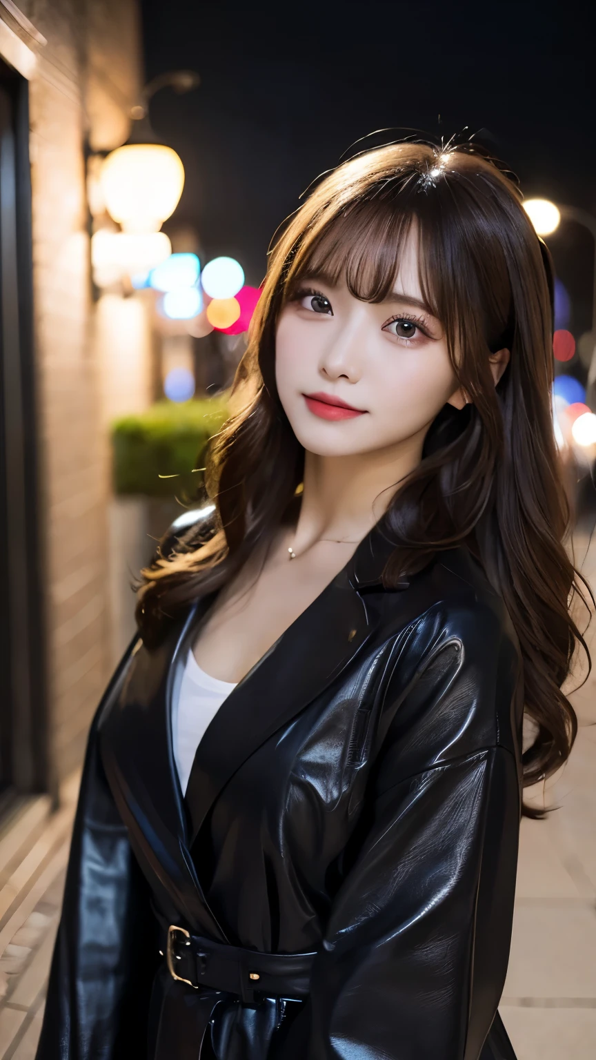 （masterpiece、High resolution、high quality、ultra High resolution、delicate、8k）1 female、Cowboy Shot、brown hair、Long Hair、Curly Hair、Clear Eyes、Thick lips、Shiny skin、slim、thin、Black jacket、red t-shirt、Beautiful breasts、Building roof、night、full moon、night景、Light