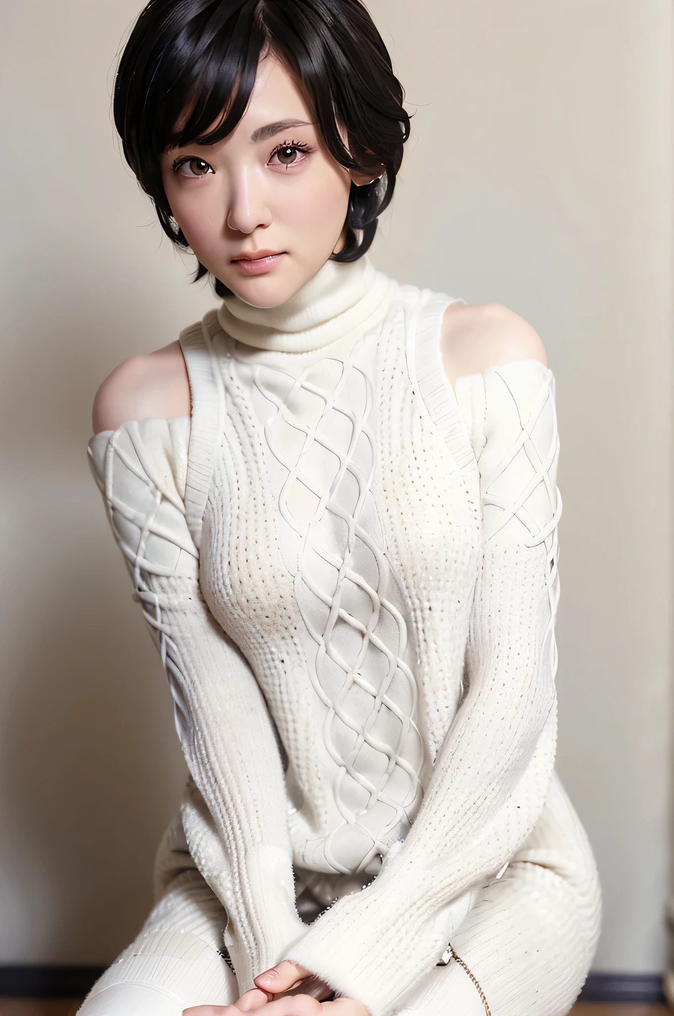 full body, (turtleneck cable knit oversized sweater dress:1.2), wool, 1girl,solo,
(8k, RAW photo, best quality, masterpiece:1.3),(realistic, photo-realistic:1.37),realistic skin texture,(photorealistic:1.3),(hyperrealistic:1.2), (short hair:1.4) , leaning forward, (white colored clothes:1.9), (narrow shoulders:1.7) 