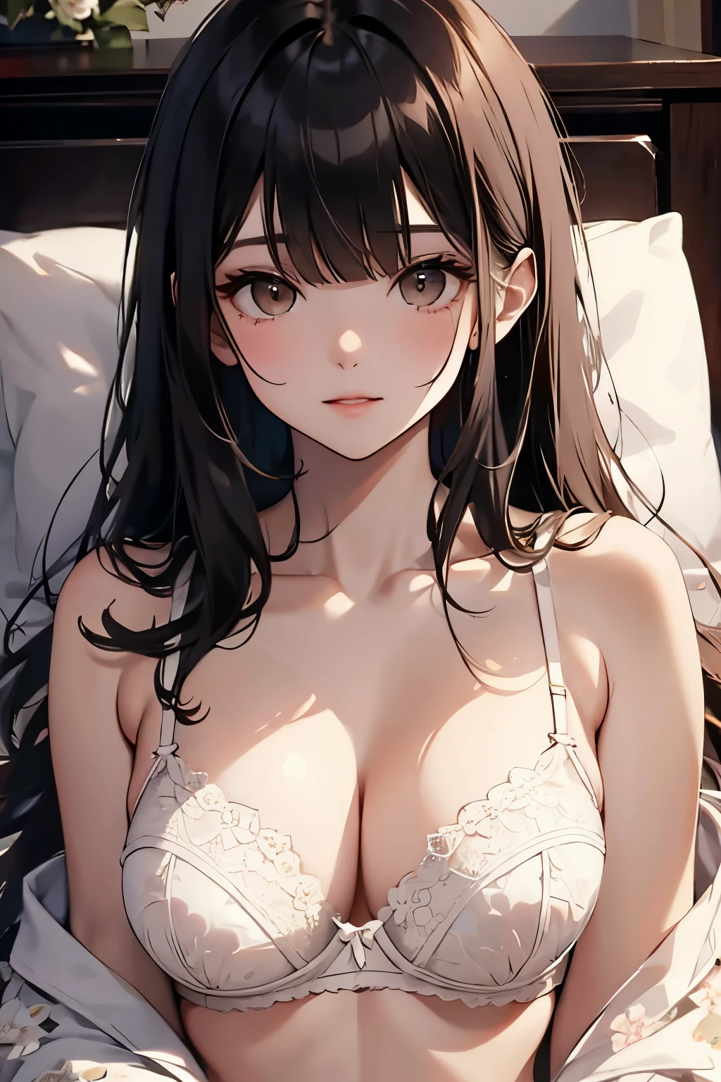 best quality, highres,Slender、Brown eyes、tall、Black Hair、(Bangs:1.3)、(semi-long:1.3),Straight Hair、Luxury Hotel、(White floral bra:1.4)、On the bed、Dark Room、night、Embarrassed、Chest pressed together、Large Breasts