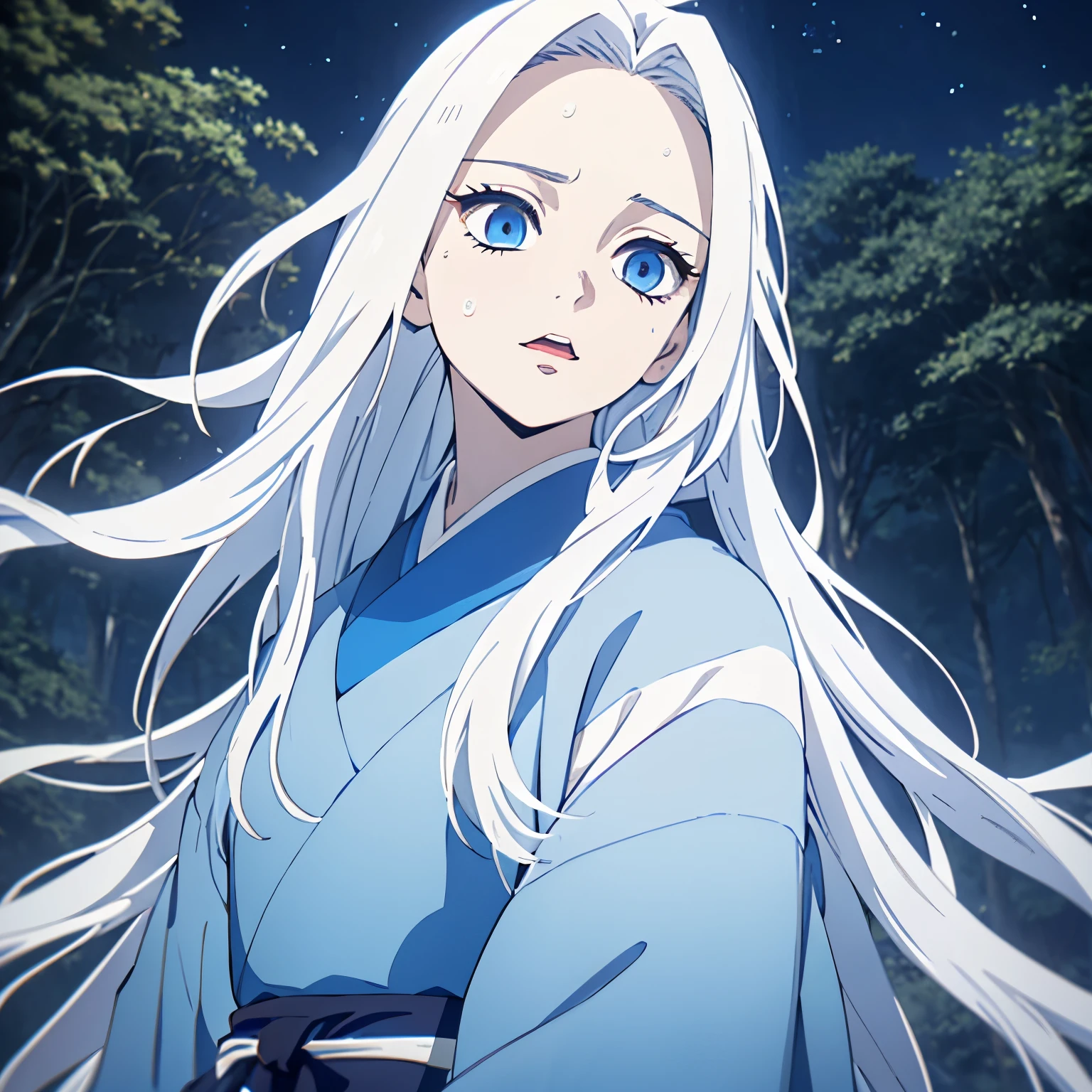 (1 girl, White long straight hair, blue eyes), blue kimono, white hair, (from front), face focus, ((opened mouth)), a shocked look, ((shout)), (half-up half-down hairstyle), Japanese animation color style, vivid colors, from front, front shot, night time, (16 years old girl), dark forest, trees, mountain, little sweating, looking up