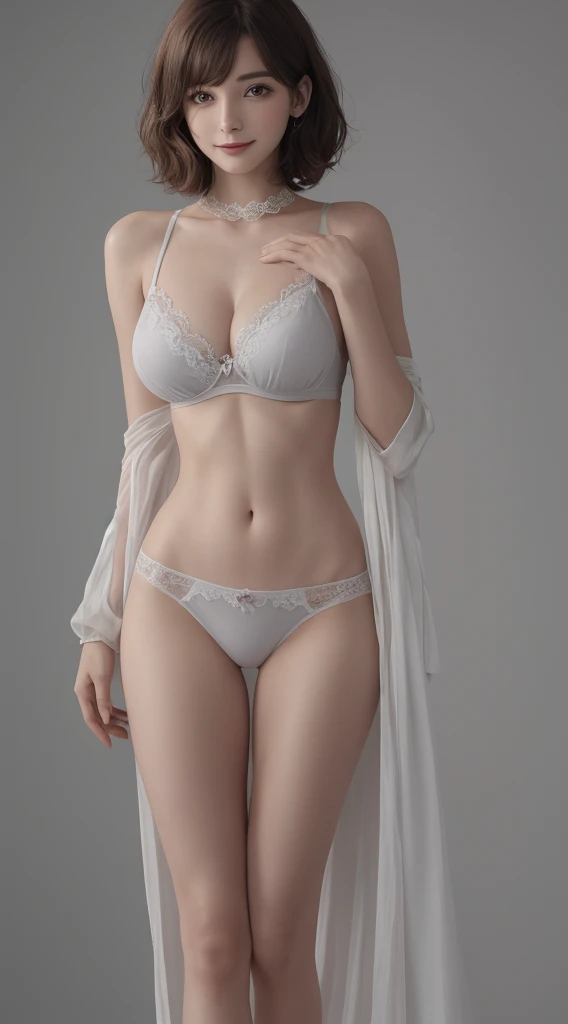 movie lighting、Perfect、soft light、high resolution skin:1.2、Realistic skin texture、、30 years old adult、No makeup、Detailed beautiful eyes、short hair、Dark brown hair、Bust E cup、huge breasts、、cool pose、gray background、whole body,long legs,Standing,beautiful woman,8K quality,stand up ,Height 170cm,simple clothing,Light clothing,underwear,輕薄underwear,Lace look,Fair complexion,Low-cut style,Teardrop chest,photo,beauty,masterpiece,Smile,Smile,Light smile,Full breasts,Thin legs,thin man,Very little cloth,vaguely visible,Thin through,chiffon,See-through clothing