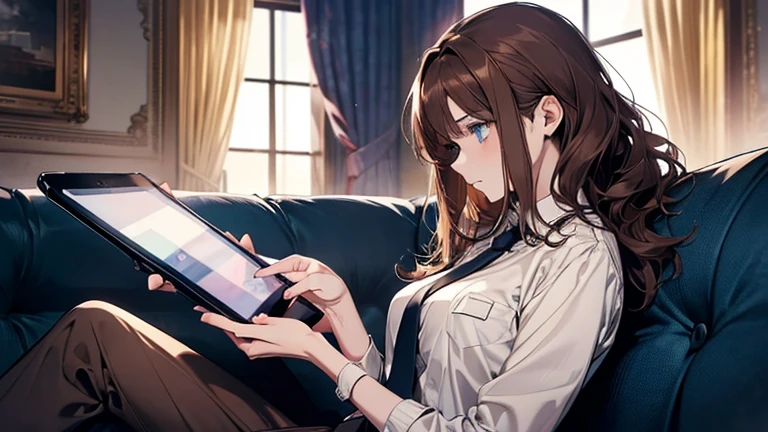 (Confused, High resolution, Very detailed), 1 female, Adult,beautiful, Bright Blue Eyes, brown hair, Wavy medium hair,suit,tie,secretary,Adult woman,30th generation,quiet,thin,pale,thin,suit,Touching a tablet on the sofa,