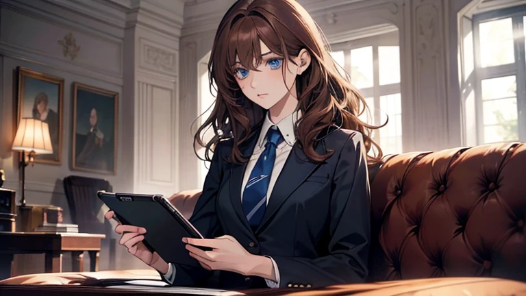 (Confused, High resolution, Very detailed), 1 female, Adult,beautiful, Bright Blue Eyes, brown hair, Wavy medium hair,suit,tie,secretary,Adult woman,30th generation,quiet,thin,pale,thin,suit,Touching a tablet on the sofa,