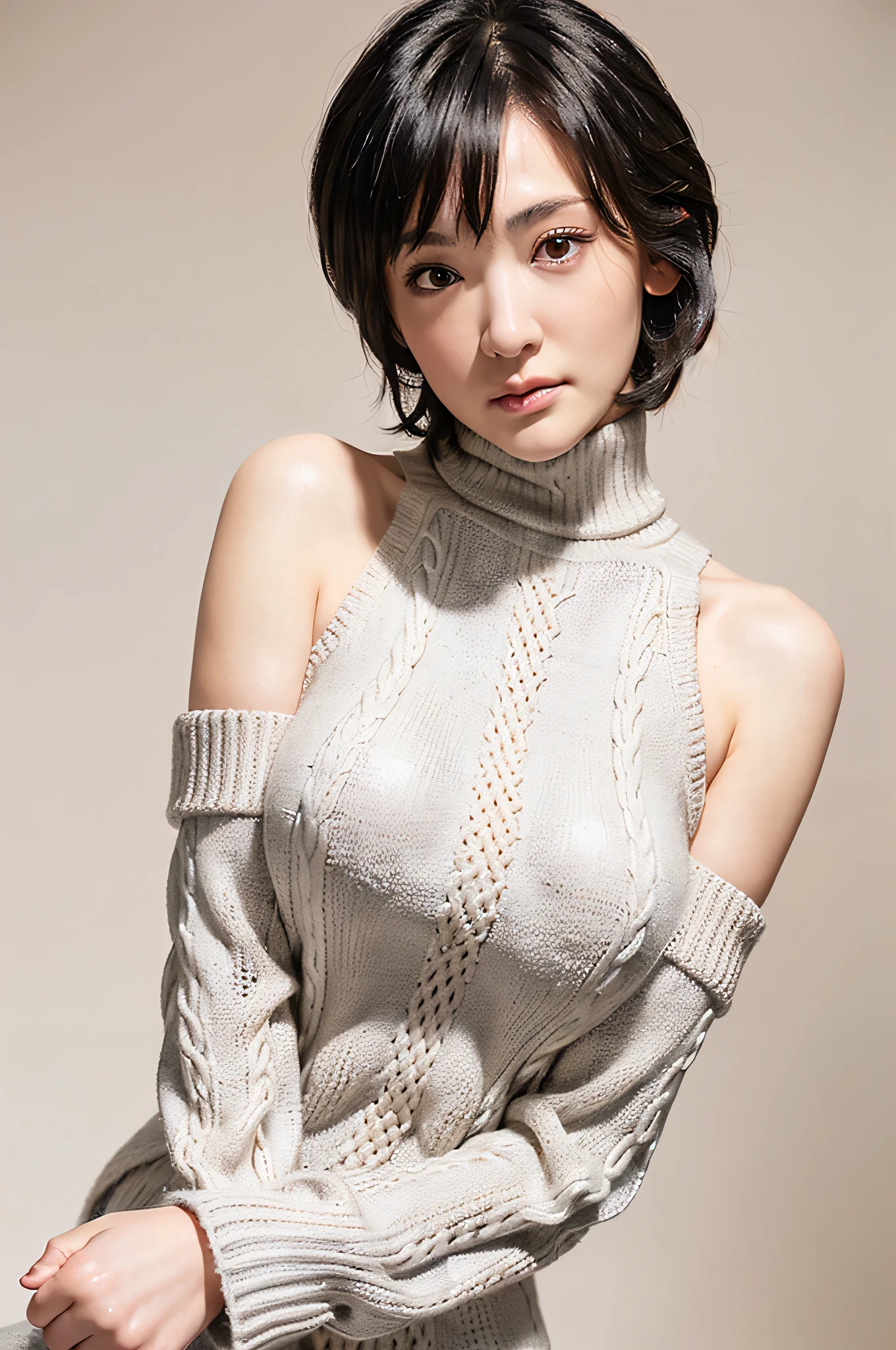 full body, (turtleneck cable knit oversized sweater dress:1.2), wool, 1girl,solo,
(8k, RAW photo, best quality, masterpiece:1.3),(realistic, photo-realistic:1.37),realistic skin texture,(photorealistic:1.3),(hyperrealistic:1.2), (short hair:1.4) , leaning forward, (white colored clothes), (narrow shoulders:1.7), (tight chests:1.4), (huge breasts:1.4)