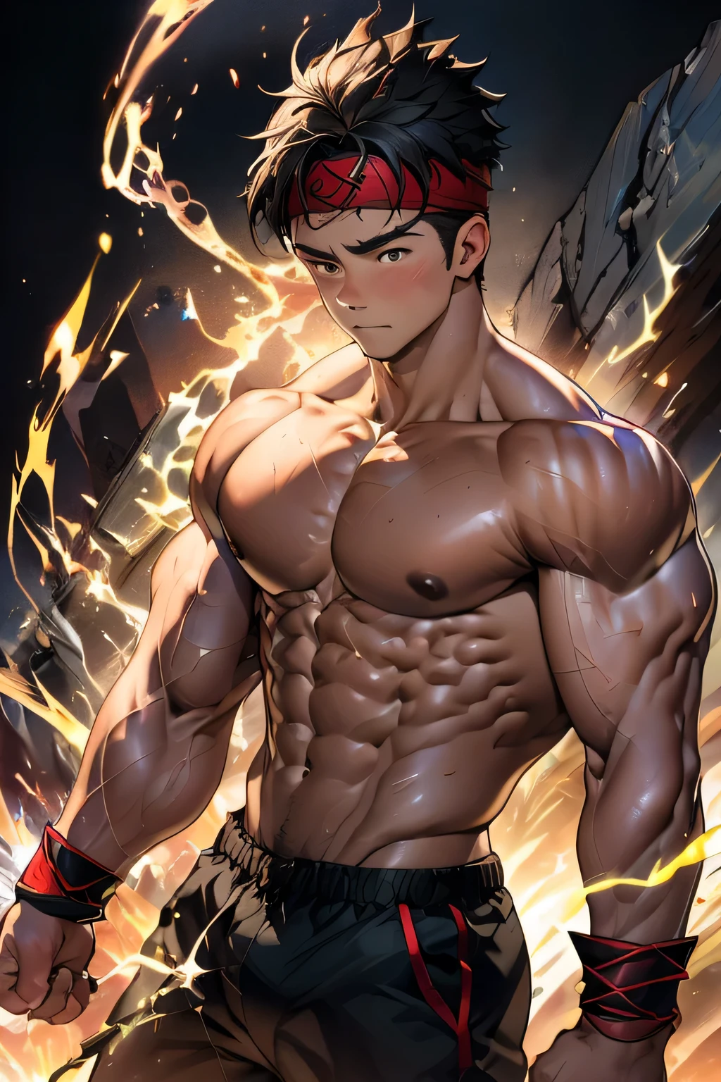 (Masterpiece, Best quality 19 year old boy, black background), solo, Young, boy, muscler, Shirtless, topless, (Dark Short straight hair, under cut, brown eyes), (torn clothes, red headband, ((black wristband))), Vivid colors, (hot Abs:1.2, abs!, big abs, big breast:1.2, chest!, muscler upper arms), (topless male), muscler!, muscler body, (aura power:1.4), detailed face, detailed muscle, (((A magical mystical aura, dynamic combat pose, action, rippling muscles)))