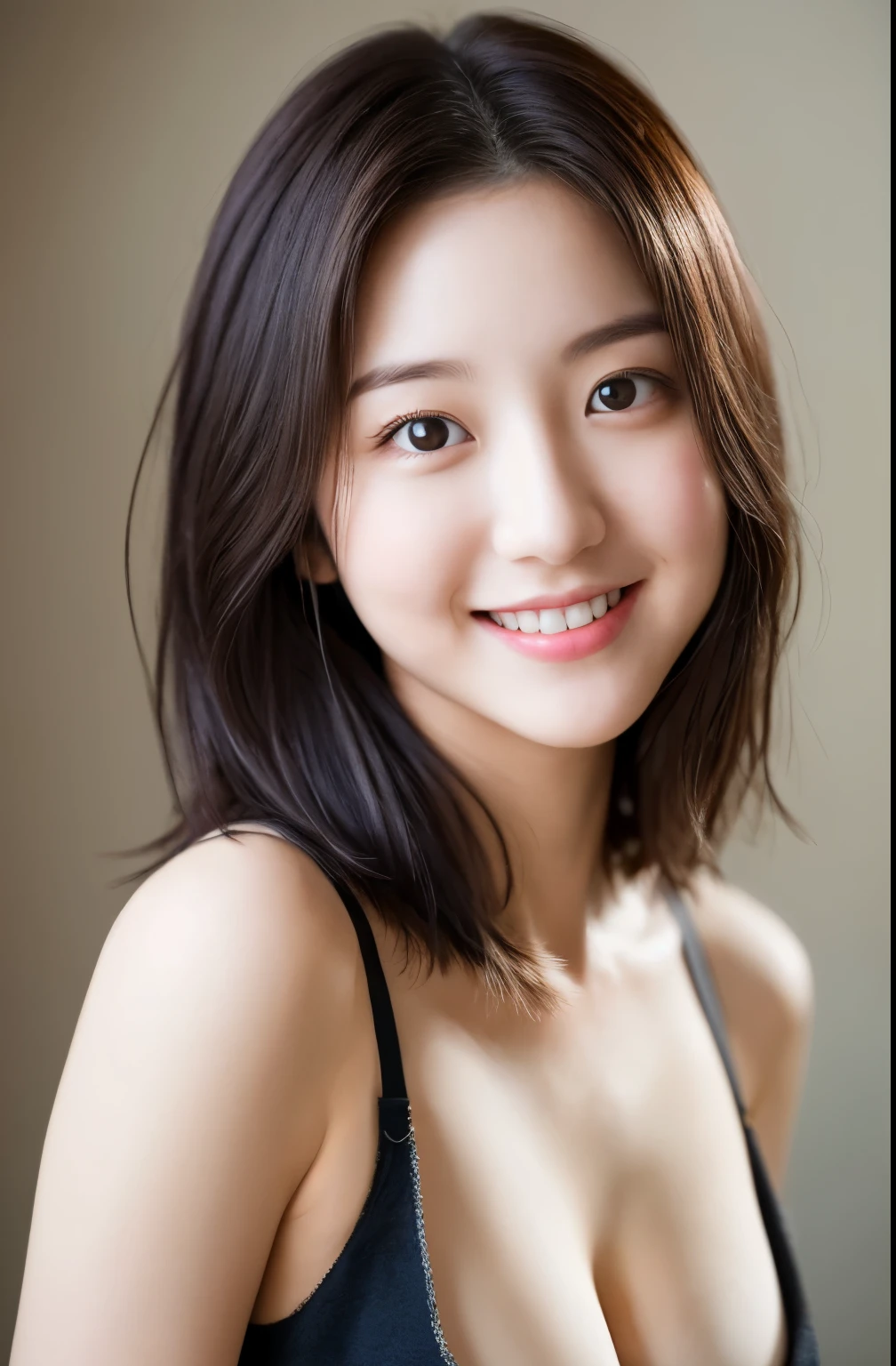 incredibly absurd, beautiful and cute 20-year-old Korean girl with a photorealistic face, showcasing top-quality craftsmanship. Her slender frame adorned with short, messy hair. The artwork high-resolution, allowing for ultra-detailed features to be captured flawlessly. The focus lies on the realistic pupils, showcasing depth and emotion. ((breasts out)) cute smile.