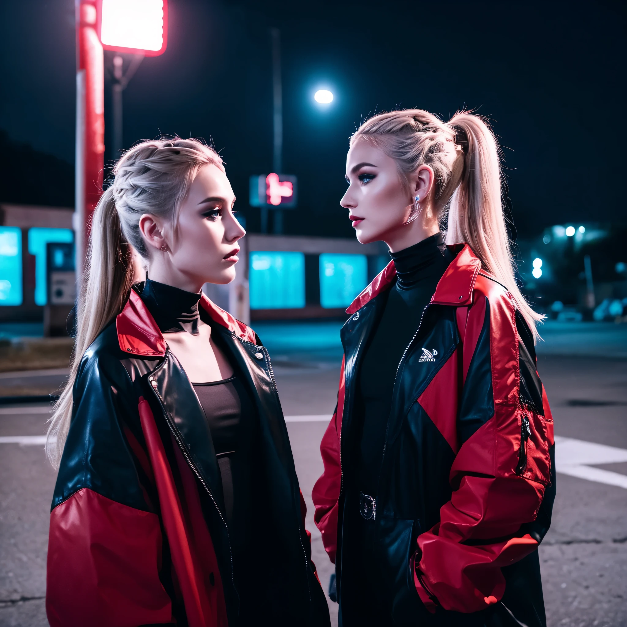 Landscape,Gothic Makeup,beautiful blonde,High ponytail,Red and black outerwear,night,In the garage,Blue light up