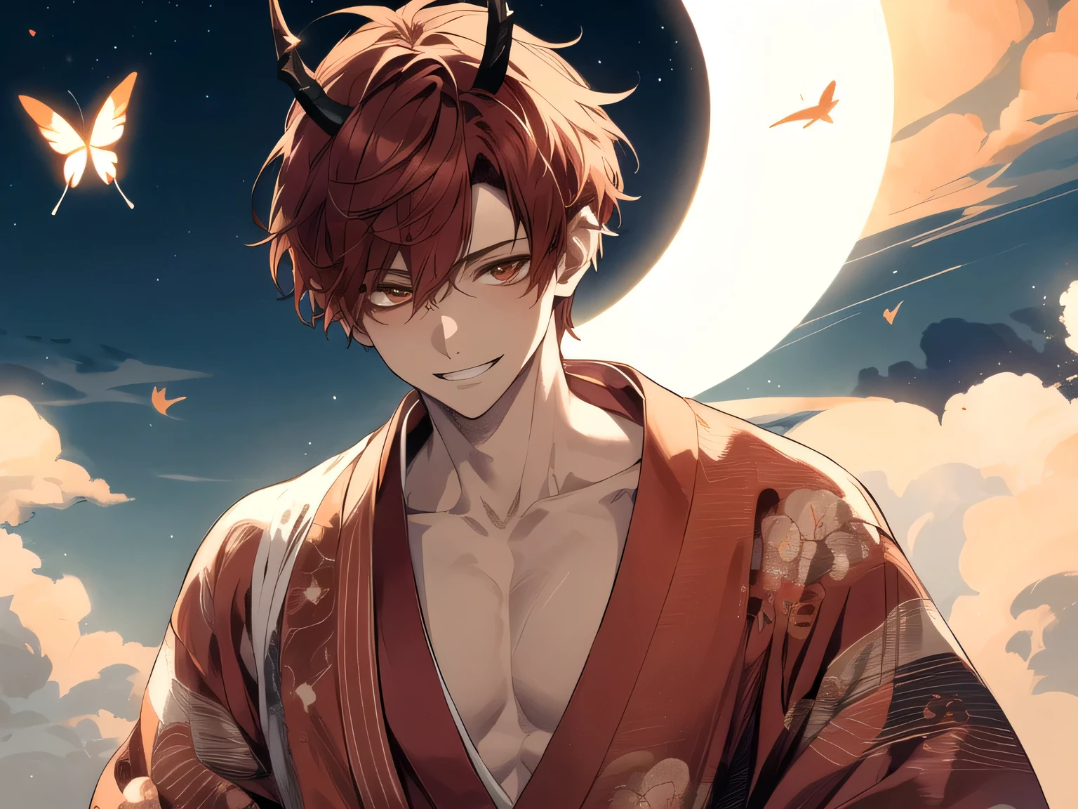 Dynamic Angle,masterpiece,male,one person,Upper Body, Face close-up,Short Red Hair, has horns on its head,tooth,Bright atmosphere, smile,Brown skin, Dressed in a kimono and barefoot,Many light butterflies fluttering about,Night One Full Moon