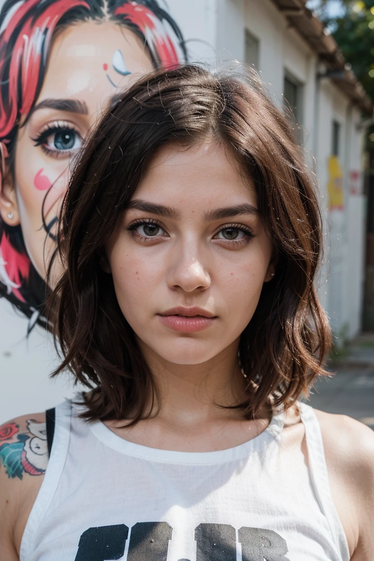 best quality, ultra-detailed, realistic:1.37), professional, beautiful detailed eyes, beautiful detailed lips, detailed facial features, natural skin tones, perfect skin texture, delicate facial expressions, image in high resolution, (Janette), 18yo, (an Afrikaner street art enthusiast), poses in front of a vibrant graffiti mural. Her trendy urban outfit complements the colorful artwork, showcasing her appreciation for street art culture. The high-resolution image captures the intricate details of Janette's eyes, lips, and facial features, emphasizing her passion for urban art and self-expression.
