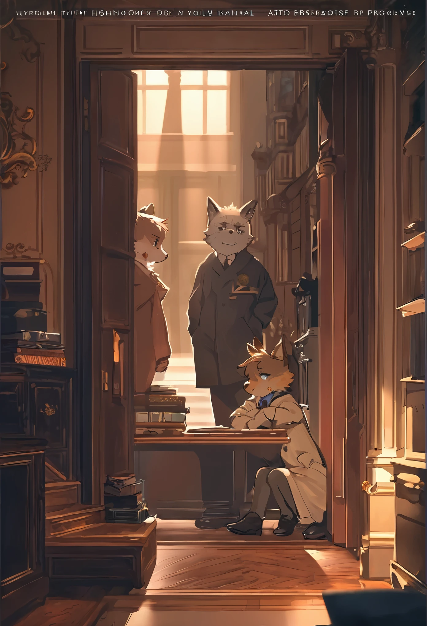 cover page, highres, top quality, best quality, paid reward available, unparalleled masterpiece, perfect artwork, absurdres, High-quality illustrations(2boys, buddy, kemono, furry, anthro)Details of antiques and books in Holmes’ apartment study, Tense moment of Dr. Watson feeling for the gun on the table, Contrast of gas lamp’s light and shadows on London’s night streets, Baker Street 221B entrance door and doorstep decor, Recreation of the Triumph stage, Holmes and Watson progressing vividly, absurdres, perfect anatomy, cinematic lighting, dynamic angle,