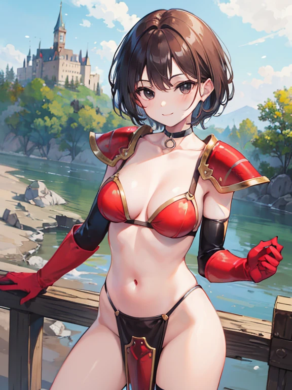 masterpiece,highest quality,1 girl,brown hair,short hair,parted bangs,(red tassets),Red shoulder armor,elbow gloves,(black eyes),smile,choker,navel,castle town,outdoor,cowboy shot,