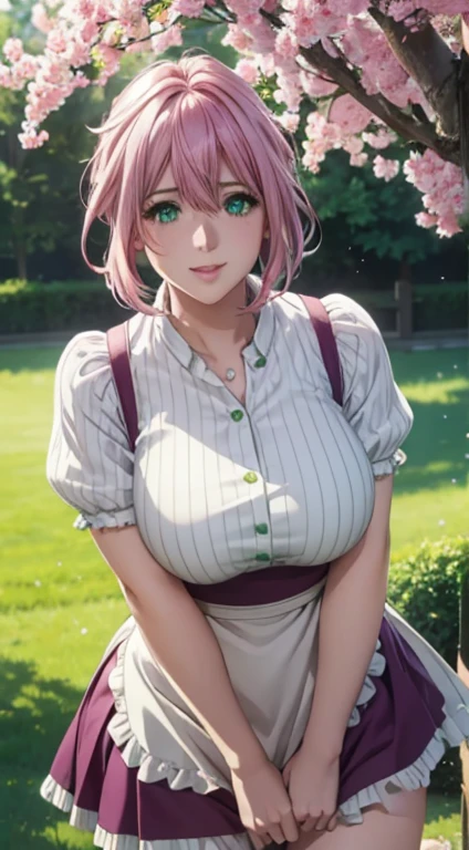 Cute girl, big breasts , green colour clothes, white apron, green eyes and pink hair, short skirt, ultra realistic eyes , sunlight and garden background, bright purple eyes, ultra realistic detailed eyes, innocent eyes, looking at camera, beautiful smile, beautiful face,pink colour hair