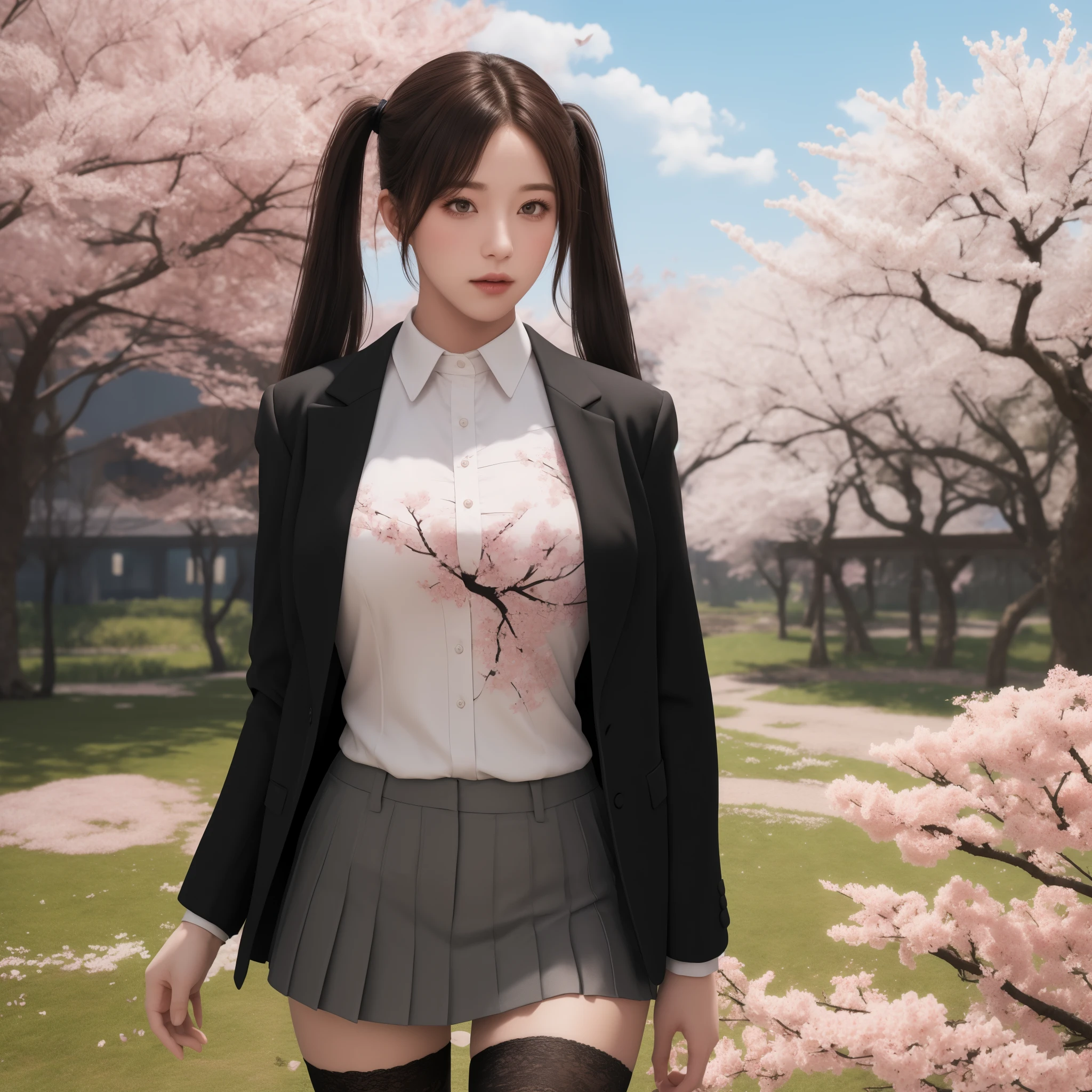 tailcoat, twintails, looking at viewer, 1girl, medium breasts, blush, lace-trimmed legwear, highres, original, artbook, outdoors, landscape, cherry blossoms,graphic design,4k detailed post processing, atmospheric, hyper realistic, 8k, epic composition, artstation,intricate details,