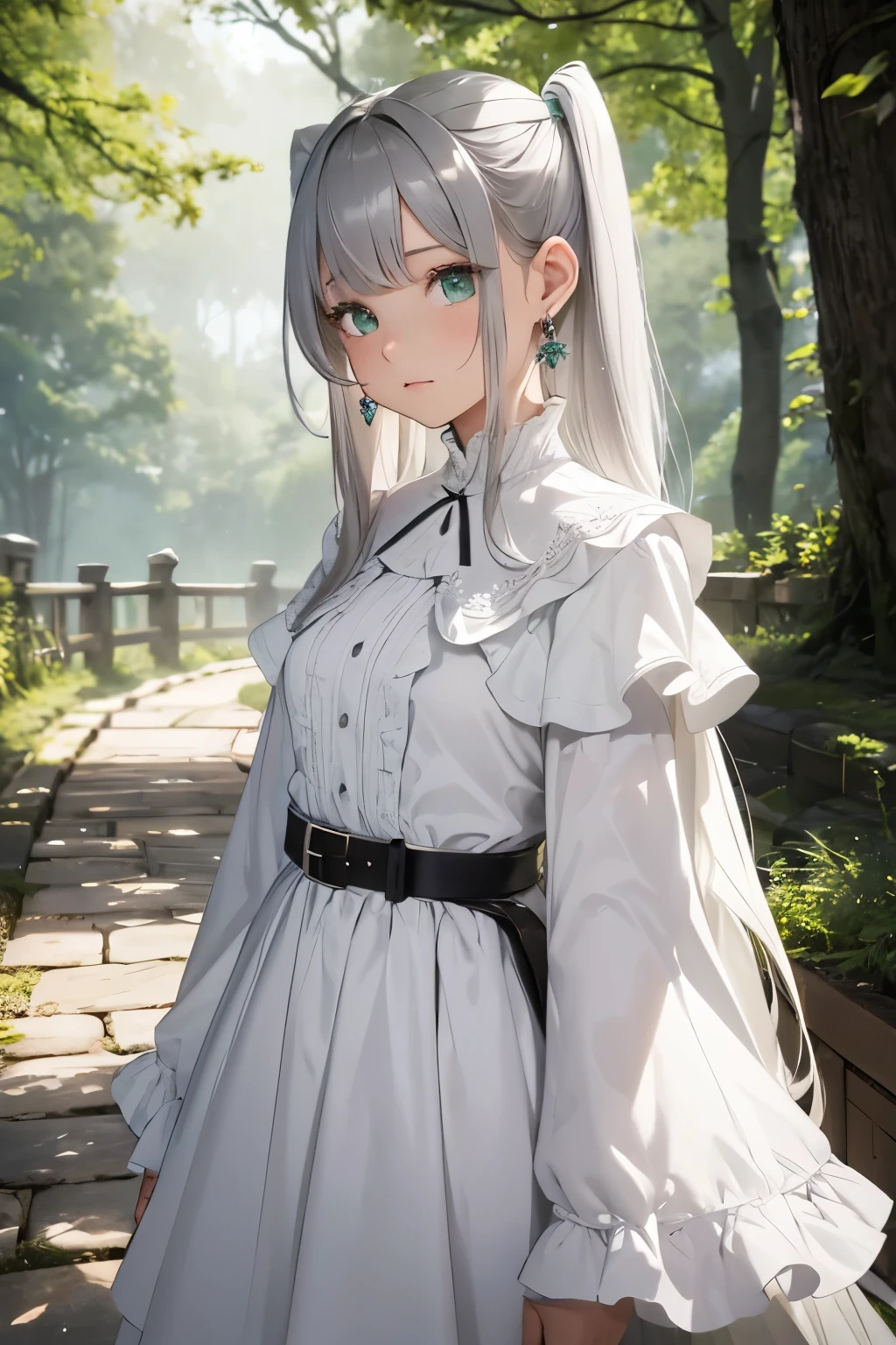 wallpaper,Large file size,Ultra-high resolution,highest quality,photograph,4K,Ingling,One girl,alone,Pointed Ears,Twin tails,Green Eyes,Outdoor,Long Hair,jewelry,Earrings,wood,Long sleeve,View your viewers,belt,parted bangs,Fairy,bangs,Capelet,Day,Mouth closed,Striped,dress,Gray Hair,white dress,Are standing,white Capelet,shirt,nature,