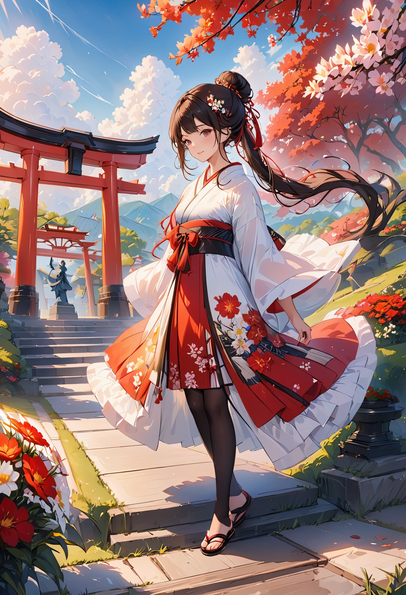 masterpiece，best quality，A girl，Black tights，Ribbon，Colored hair，樱flower，sky，flower，Hair Bun，Headband，Japanese clothes，kimono，Long hair，Looking at the audience，outdoor，Red Eyes，Ribbon，sandals，单Hair Bun、stairs，Standing，statue，Torii，Tree，