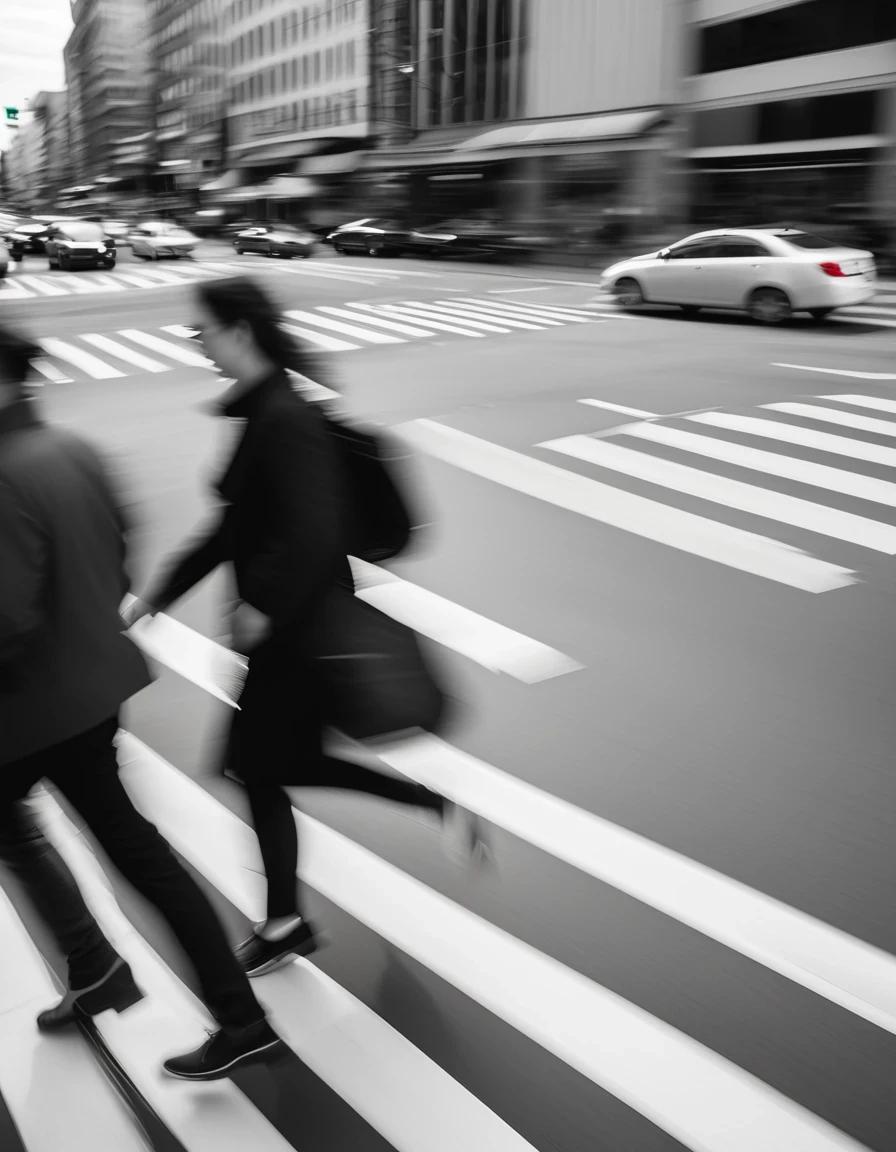 Motion blur, motion blur, black and white close-ups, (people in a hurry at a city intersection), crosswalk, professional fashion photography, super macro, super detailed textures, poster style, minimalist, Nikon, Hasselblad, Canon, Fujifilm, 16K