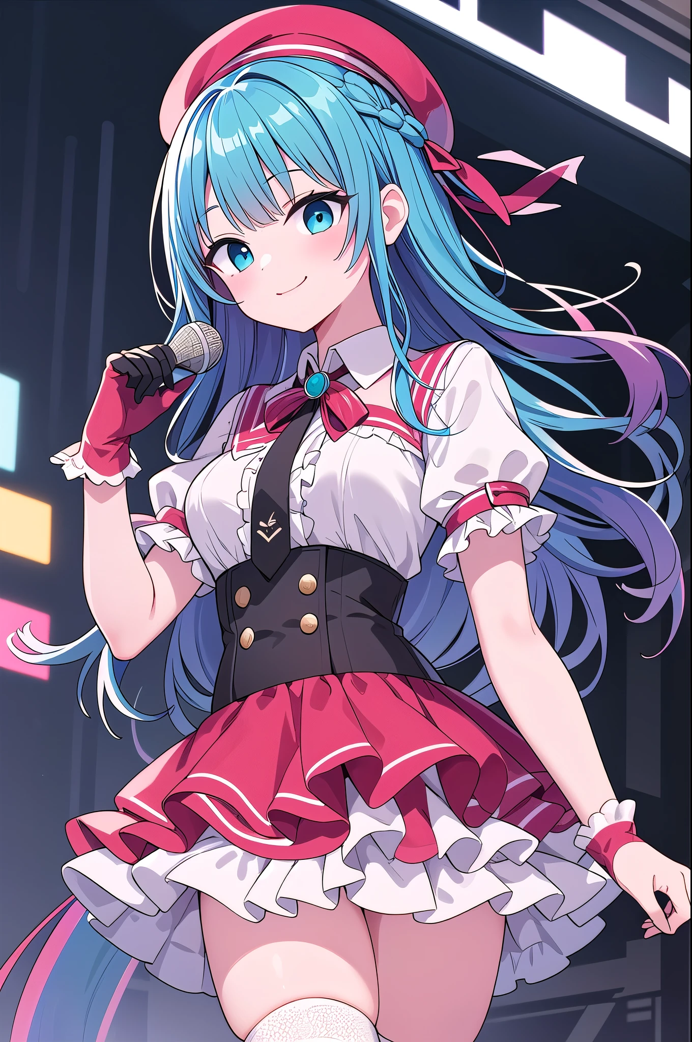 insanely detailed, absurdres, ultra-highres, ultra-detailed, best quality, 1girl, solo, nice hands, perfect hands BREAK (Idol costume:1.3), (pink and white theme:1.2), (white blouse:1.4), (white collar, tie:1.3), (short sleeve:1.2), (pink tartan-check pattern (ruffle-skirt, multilayer-skirt):1.4), (white basque-beret with ribbon:1.3), (Fishnet stockings:1.3), (glove:1.2), (cleavage:-1.5) BREAK happy smile, laugh, closed mouth BREAK , standing, cowboy shot, looking at viewer BREAK slender, kawaii, perfect symmetrical face, ultra cute girl, ultra cute face, ultra detailed eyes, ultra detailed hair, ultra cute, ultra beautiful BREAK in school ground, depth of field, ultra detailed background BREAK medium large breasts BREAK turquoise blue hair, black eyes, dutch braids,