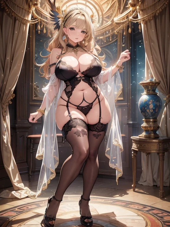 最高のmasterpiece、beautiful美しさ, 3D Second Element, rich, blonde, skirt, stockings, High heels, star、(Highly detailed CG Unity 8k wallpaper),(masterpiece), (最high quality), (Very detailed), (Best Work),(Best Shadow), (sharp eyeliner, eye shadow, fine eye:1.1), (超High resolution,Realistic,最high quality,Realistic),(8k,RAW Photos,最high quality,マstarプル),Mature Woman、Sensual curves、Huge breasts、Thighs、bubble、お尻のmasterpiece, 最high quality, Very detailed, full body shot, Mature Woman, beautiful Mature Woman, Nightgowns and underwear, Captivating smile, Thick lips, chubby lips, blush, Watching the audience, Provocative expression, beautiful髪型, Cleavage, Plump、Curvy Hips、Attractive face、Sexy Lingerie、An inviting gaze、Expressing emotions、Sexy underwear、(((Erotic see-through lingerie set)))、Standing position、Gorgeous Accessories 、big breastsの女性, Bare shoulders, Golden Hair, colored feather, Metal ornaments, colored Flowers, particle, Light, (masterpiece, 最high quality, 最high quality, Official Art, beautiful and aesthetic:1.2), (1 girl:1.3), very detailed,(Fractal Art:1.1),(colorful:1.1)、(Flowers:1.3),Most detailed,(Tangled:1.2), (Dynamic pose), (Abstract background:1.3), (Shiny skin), (Many colors :1.4), ,(Earrings:1.4), (feather:1.4),masterpiece, 最high quality, Very detailed, 30~40 years, full body shot, beautiful 、Various hairstyles,Gold Headband,Ample breasts,beautiful butt,Greek clothing,Tulle covers the chest area,Perfect balance, Detailed details of the garment,marble,Statue of God,cinematic Lighting, Film Grain, 8k, masterpiece, Very detailed, High Detail, high quality, High resolution,(((NSFW:1.2)))、Exposed breasts、Openwork decoration,(((See-through dress)))、(((解剖学的に正しいbody))) , 最high quality, Very detailed, (((Sexy underwear)))、Lift your butt, From below, (((R-18)))、Feast、Thighs, big breasts, Are standing, Cowboy Shot, blush, (((1 girl))), (masterpiece:1.3), (High resolution), (8k), (very detailed), Perfect Face, Nice eye and face, (((最high quality))), (Very detailed), detailed face and eye, (alone), High resolution、beautifuleye,(((Sexy pose)))、(((整ったbig breasts)))、((beautiful eye))、luxury、(((超High resolution)))、(((Detailed Description)))、(((ぽっちゃりbody型)))、(((解剖学的構造に一致したbodyの部位)))、beautiful長いまつ毛、バランスのとれたbody型,The legs and arms are just the right size.、Fishnet tights、glamorous、(((Clear white and black eye)))、lipstick、Sparkling、(Undistorted face, eye, body)、jewelry、gem、(長くカールしたbeautifulまつ毛)、(((バランス良いbeautiful胸)))、(transparent, Exquisite skin:1.2)、(((完璧なglamorousボディー)))、Actress's face、Super beautiful、Cute Smile、Healing beauty、Flower Shower、完璧なeye、Realistic depiction、Super sexy、Shiny、glamorous、double eyelids、Good dark Compensate、Compensate、ぼやけていないeye、(((Plump face)))、Cute face 、(((Shiny輝く肌)))