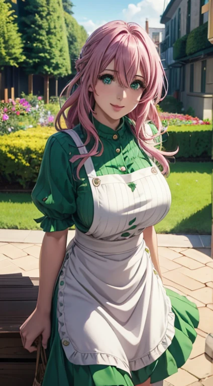 Cute girl, big breasts , long open hair, green colour clothes, white apron, green eyes and pink hair, short skirt, ultra realistic eyes , sunlight and garden background, bright purple eyes, ultra realistic detailed eyes, innocent eyes, looking at camera, beautiful smile, beautiful face,pink colour hair