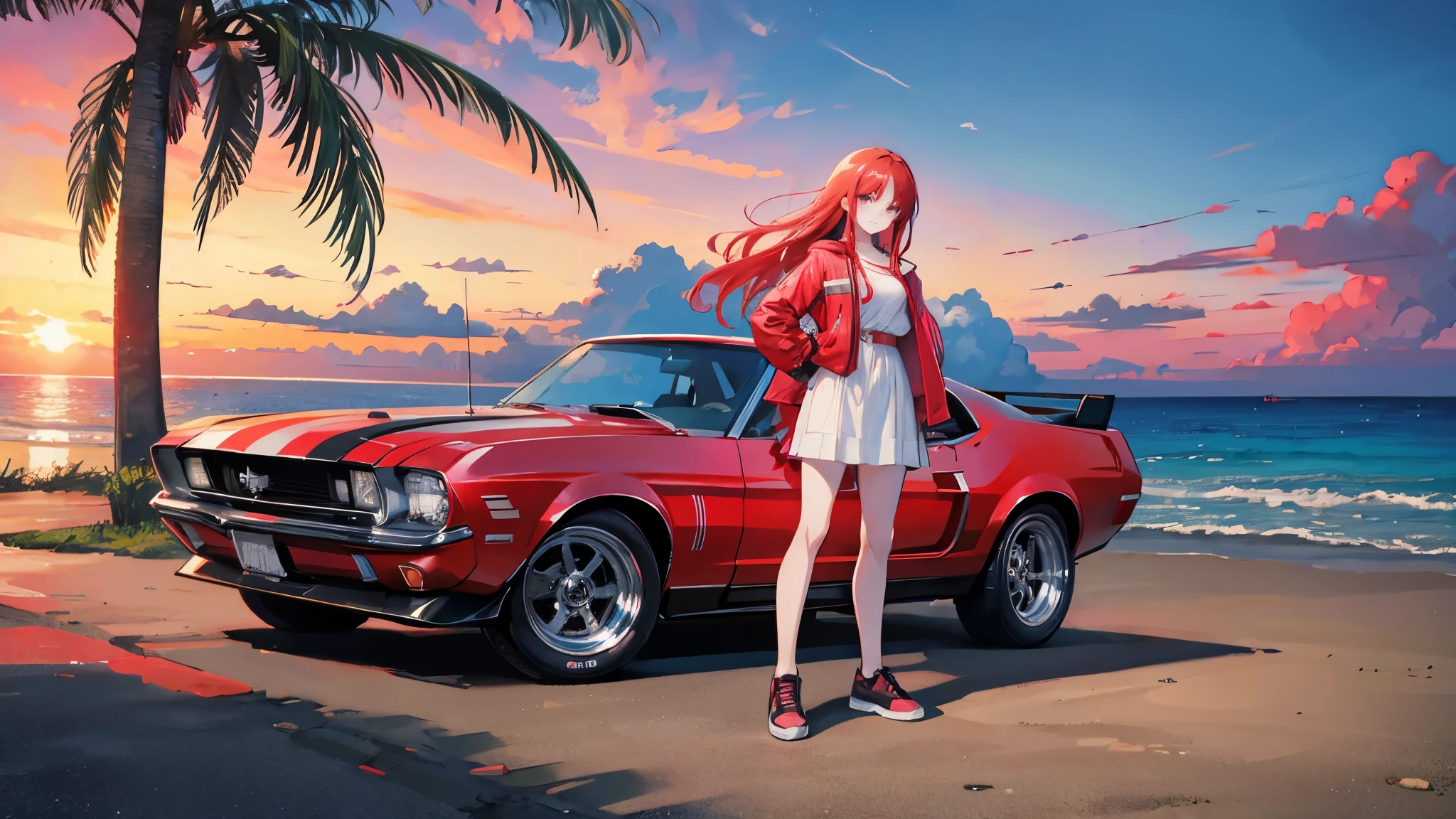 2d anime style, a red-haired woman in casual clothes stands next to her 1969 Mustang in a beach setting in the background with a sunset, image inspired by synthwave style, highly detailed and intricate details, pastel colors, image with a cinematic style, vector style traits