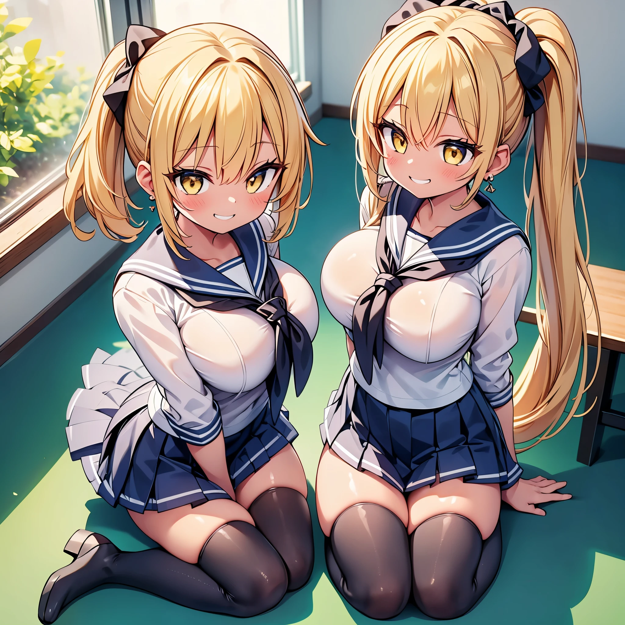 highest quality,wonderful,finely,extremely detailed CG Unity 8K wallpaper, (1 Girl,blonde, Yellow Eyes, Low Ponytail, Scrunchie, Earrings、Wicked Smile), (Grin:1.1), ((Brown Skin:1.2), (huge breasts:1.1),(sailor uniform:1.3), (zettai ryouiki:1.4),Sit on a chair、whole body、Taken from above、Classroom Background