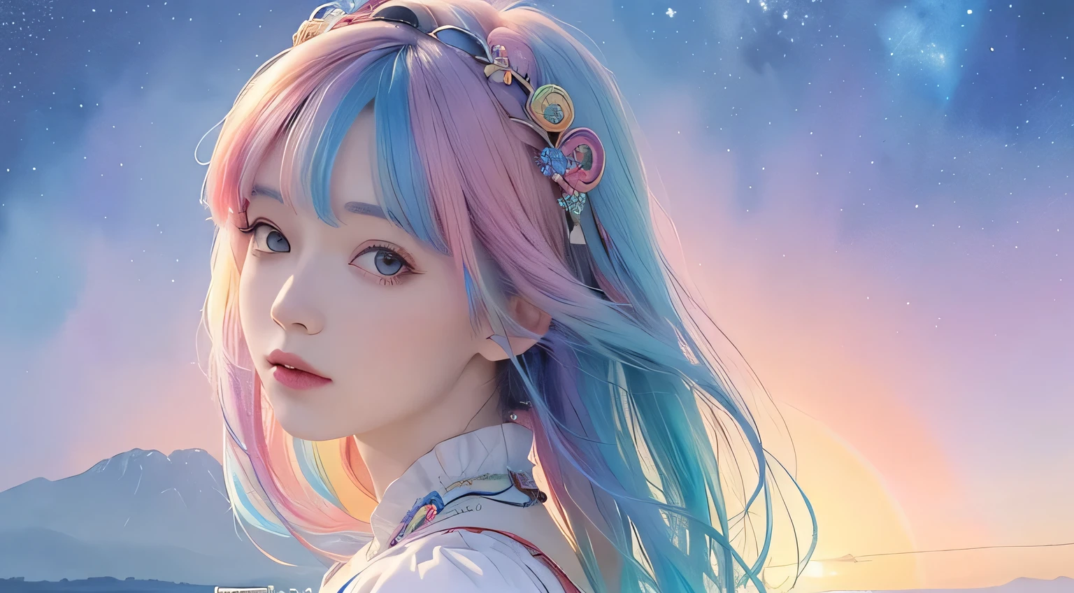 (masterpiece, highest quality, highest quality,watercolor (Moderate),Official Art, beautifully、aesthetic:1.2),(One girl:1.3), (Fractal Art:1.3),Upper Body, From the side, View your viewers,pattern,(Rainbow Hair,colorful hair,half blue、half pink hair:1.2),water,liquid, cloud,colorful, Starry sky,performer,