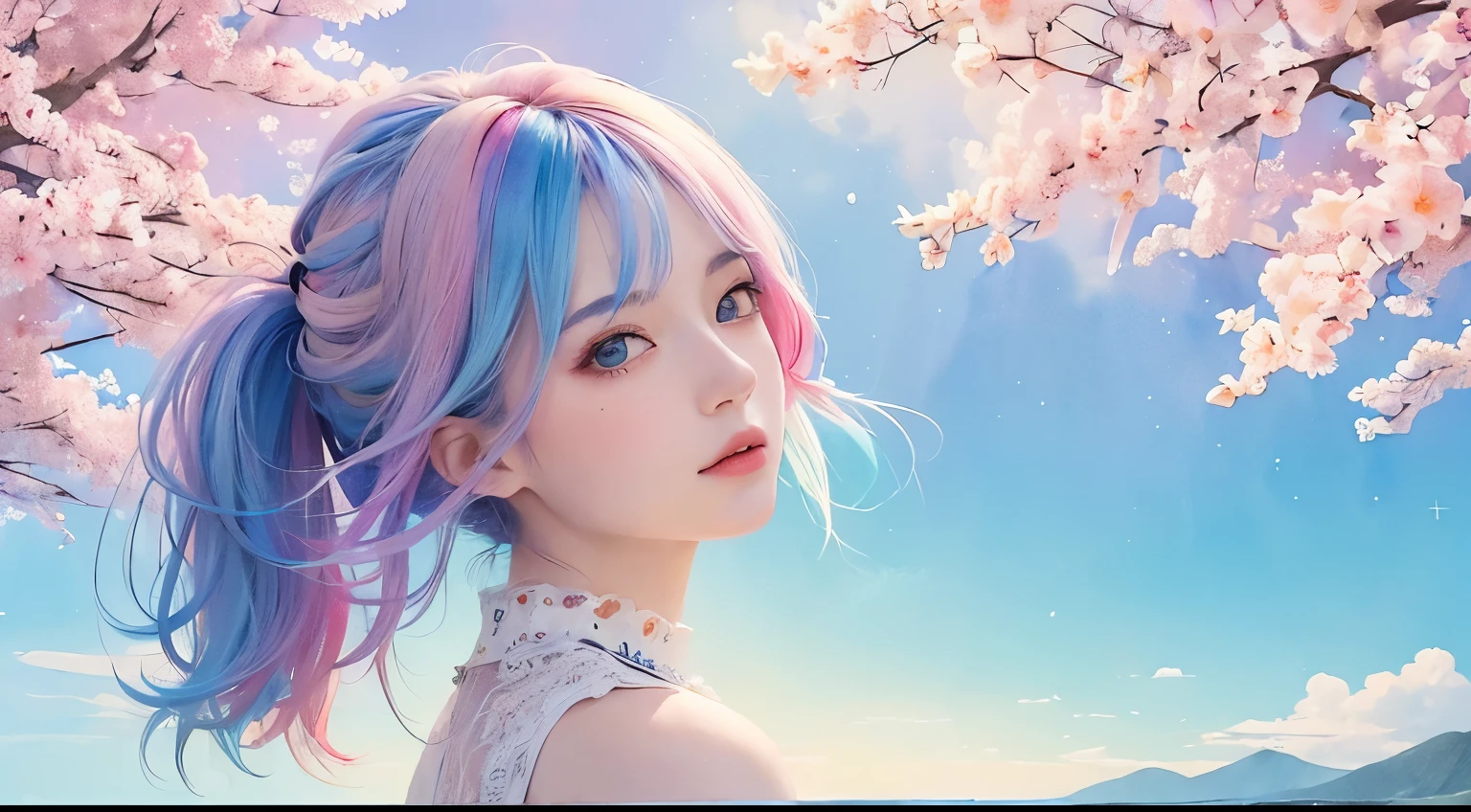 (masterpiece, highest quality, highest quality,watercolor (Moderate),Official Art, beautifully、aesthetic:1.2),(One girl:1.3), (Fractal Art:1.3),Upper Body, From the side, View your viewers,pattern,(Rainbow Hair,colorful hair,half blue、half pink hair:1.2),water,liquid, cloud,colorful, Starry sky,performer,