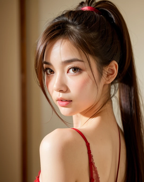 highest quality, Face Focus, Soft Light, Ultra-high resolution, (Realistic:1.4), RAW Photos,
1 Japanese girl, alone, cute, (pupil, Light in your eyes), Beautiful face in every detail, (),(High resolution detail of human skin texture),
(Long Hair),Ponytail indoors,
Red underwear,From below、
(Portraiture)