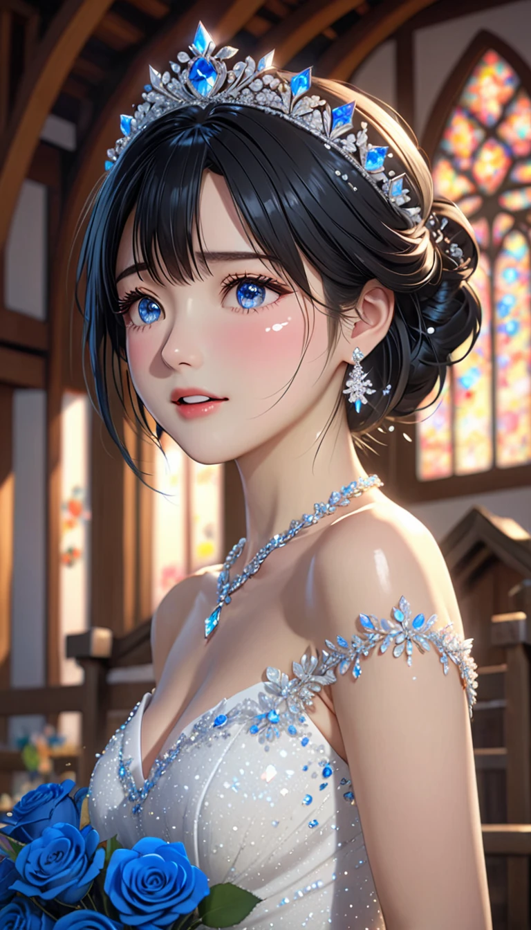 National Science Foundation,masterpiece,High resolution,8K,Art,digit,Three-dimensional,Kyoto Animation Style,your name movie style,Facing the camera,Soft Light,Glowing skin,(1 female: 1.3),(alone: 1.4),(((Black hair))),(Gorgeous,sparkling wedding dress),Swarovski crystals on gorgeous wedding dress,crystal crown,crystal necklace,crystal earrings,Long eyelashes,slender legs,Short Bob,Bouquet of blue roses in hand,Close-up of upper body,Close-up,close view,In the quaint church,Starry eyes,Blushed,shy,shy,open mouth,(((cry))),(((shed tears)))