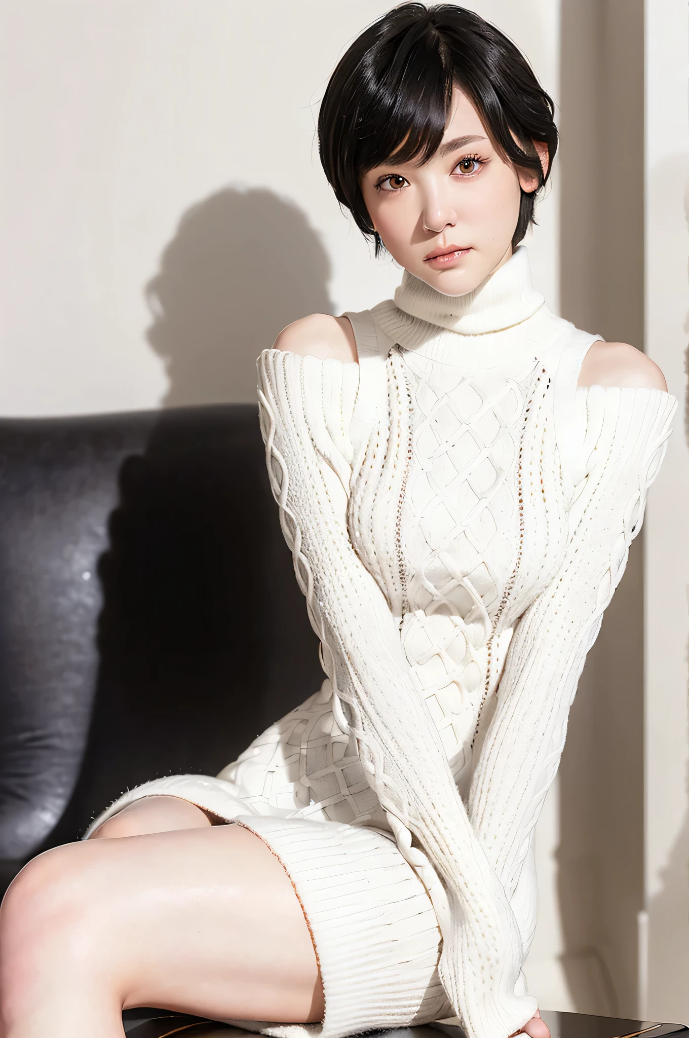 full body, (turtleneck cable knit oversized sweater dress:1.2), wool, 1girl,solo,
(8k, RAW photo, best quality, masterpiece:1.3),(realistic, photo-realistic:1.37),realistic skin texture,(photorealistic:1.3),(hyperrealistic:1.2), (short hair:1.4) , leaning forward, (white colored clothes:1.9), (narrow shoulders:1.7)